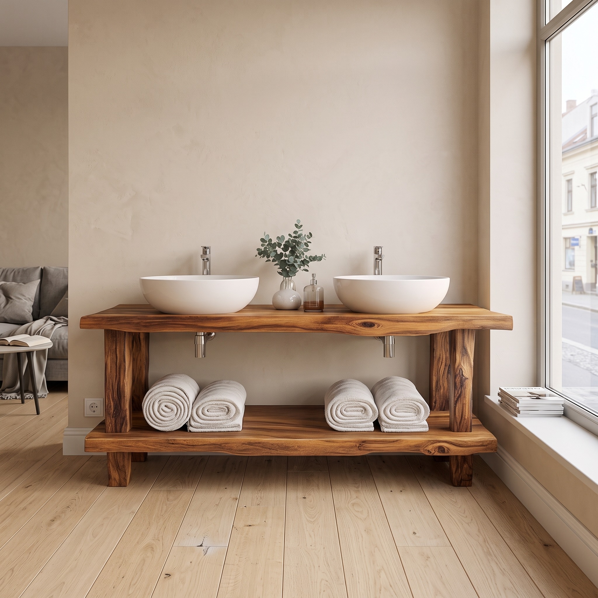 Mid Century Modern Bathroom Vanity, Solid Wood Vanity Cabinet & Sink Console Table for Rustic Washrooms