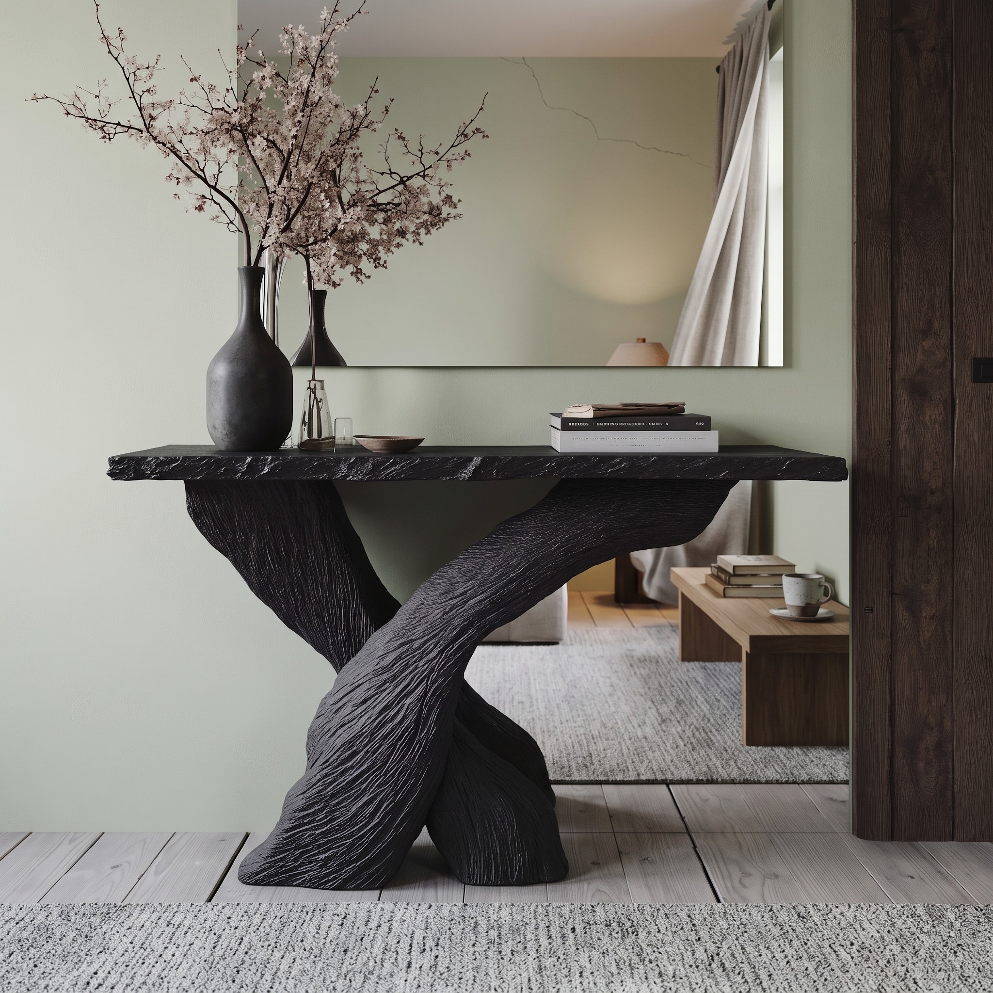 Mid-Century Modern Black Wood Console Table for Hallway