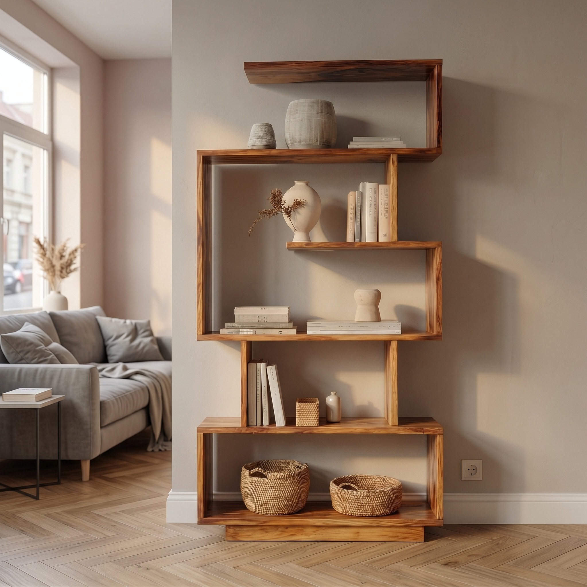Mid Century Modern Bookshelf, Solid Wood Geometric Bookcase & Open Storage Organizer for Living Room, Studio Office