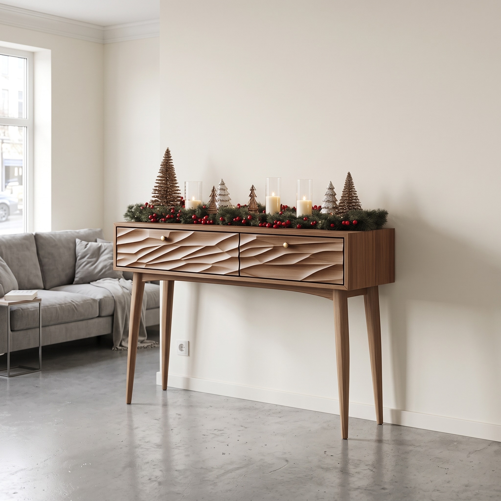 Mid Century Modern Carved Console Table, Handcrafted Solid Wood Entryway & Living Room Foyer Accent Table