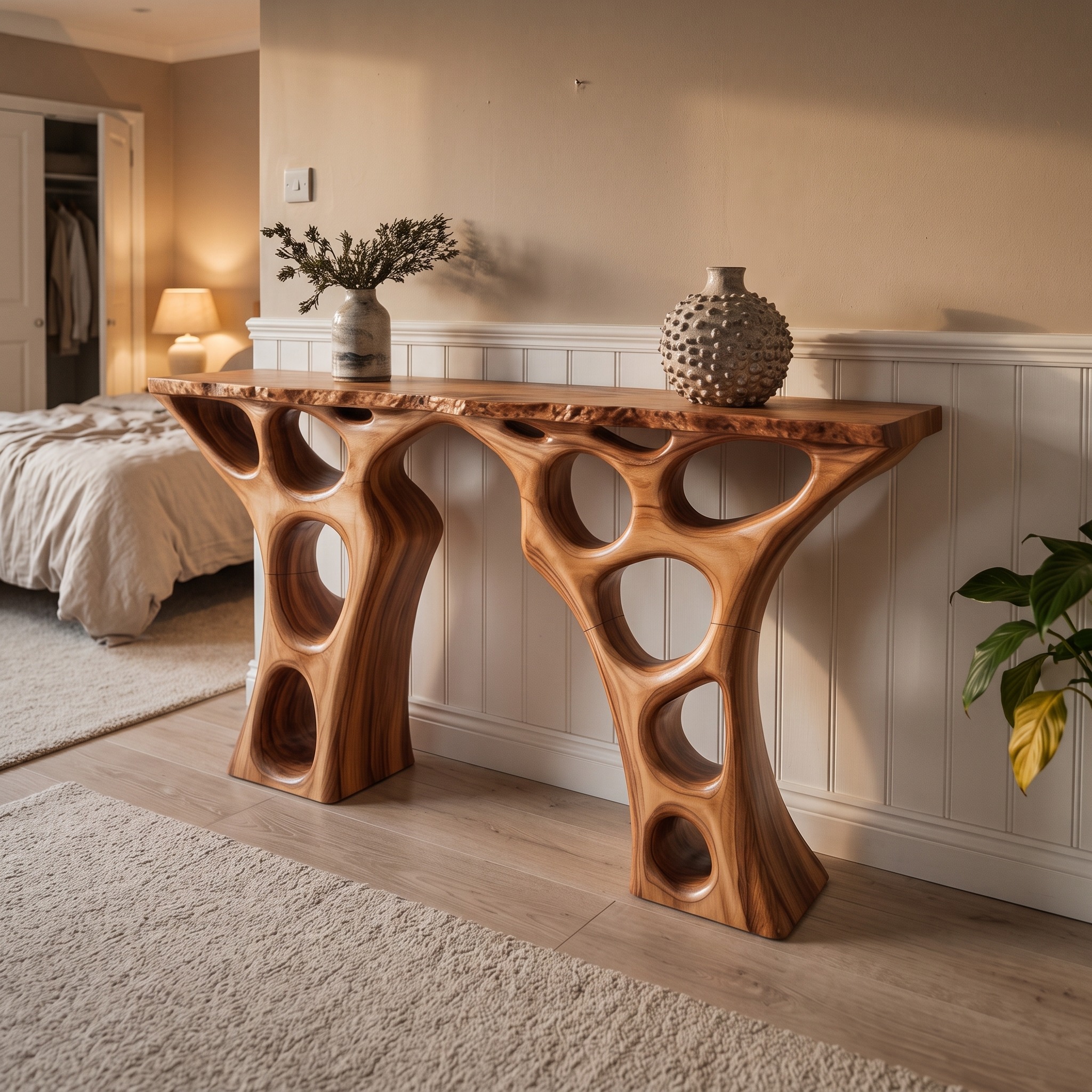 Mid Century Modern Console Table, Abstract Sculptural Wood Base, Luxury Foyer & Entryway Accent Table