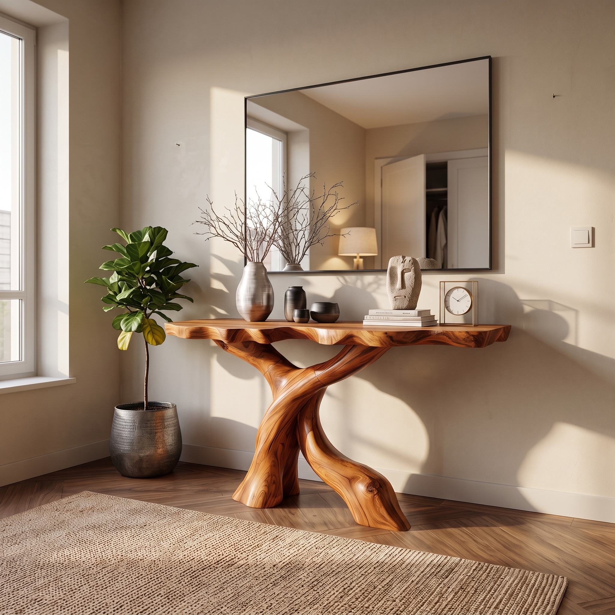 Mid Century Modern Console Table, Carved Solid Wood X-Base, Handcrafted Entryway & Foyer Accent Table