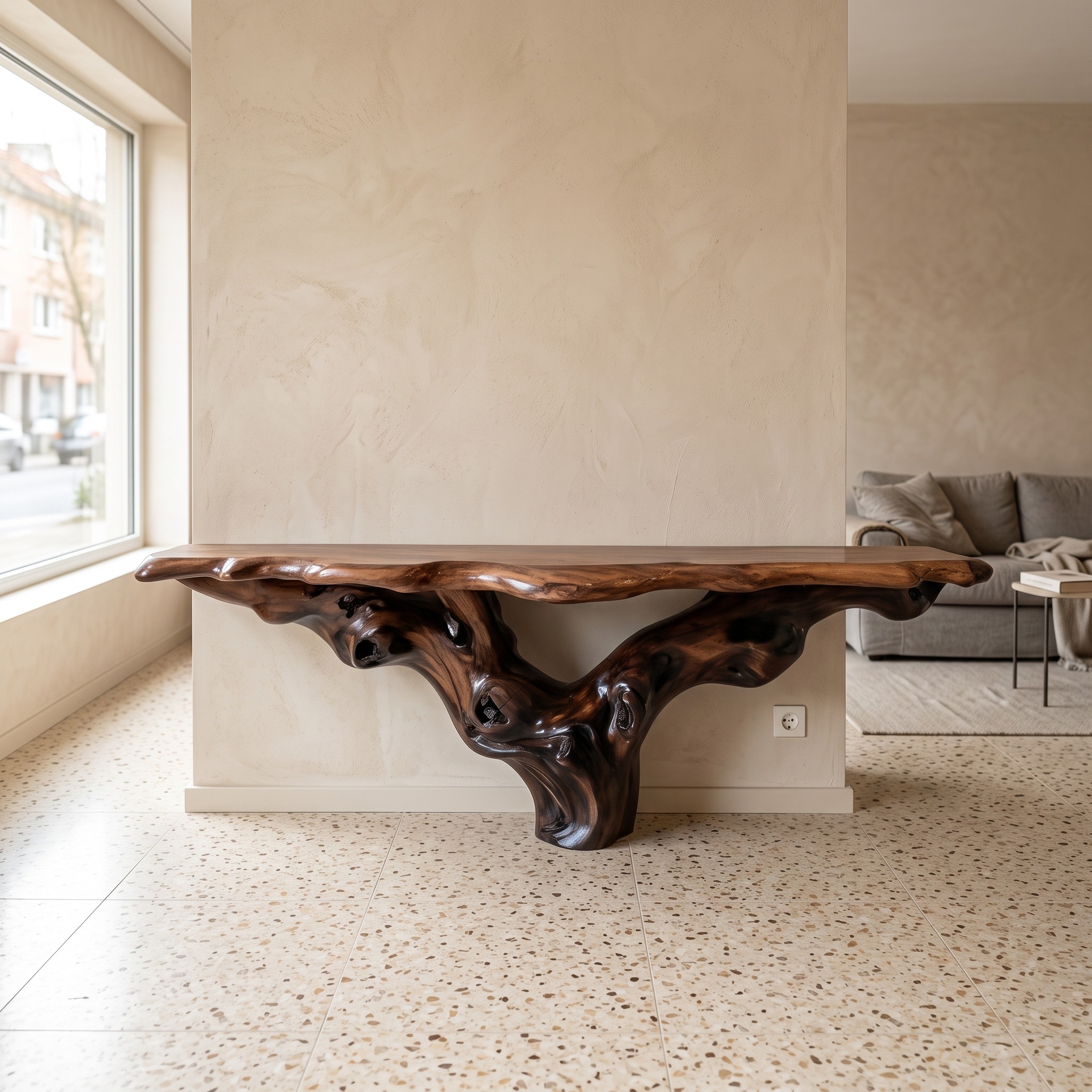 Mid Century Modern Console Table, Handcrafted Wood Sculpture Accent, Living Room & Entryway Foyer Table