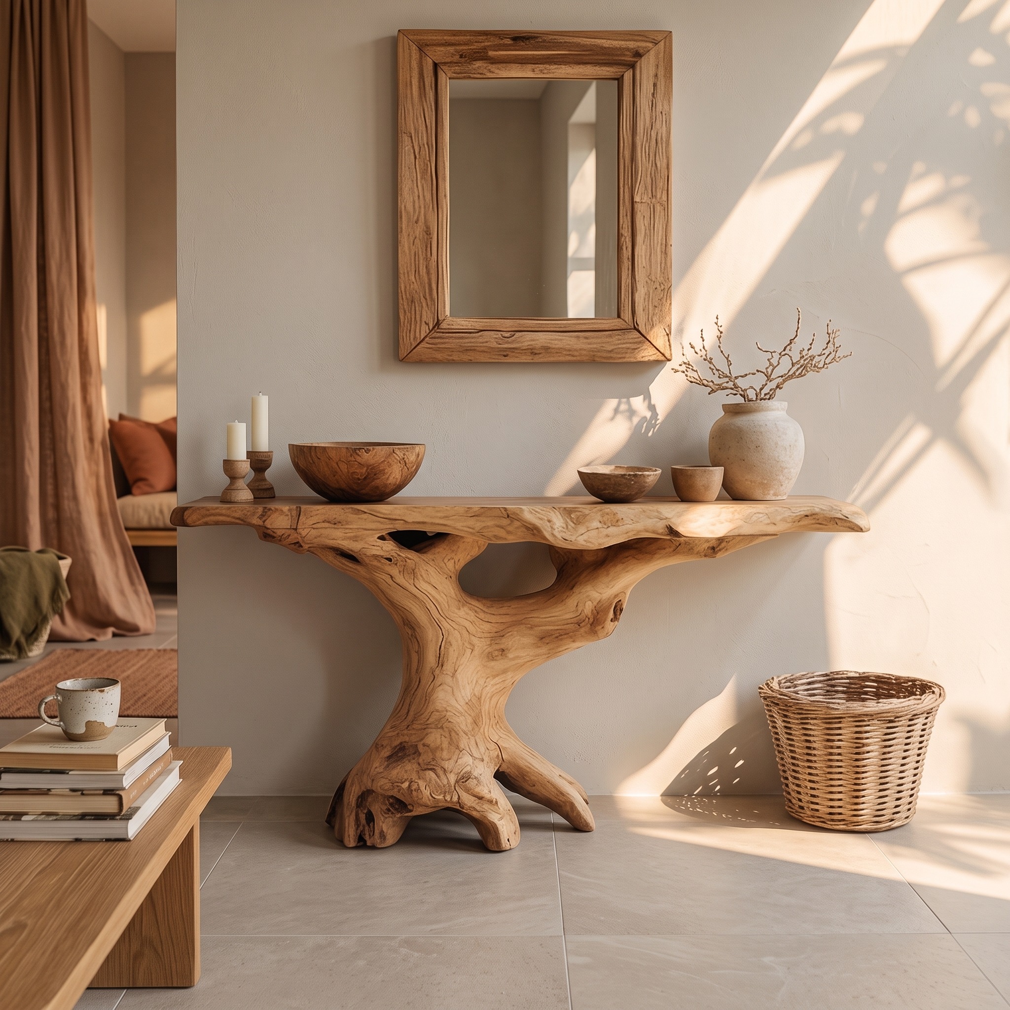 Mid Century Modern Console Table, Natural Solid Wood Entryway Foyer Table, Sleek Behind Sofa Hallway Accent Stand
