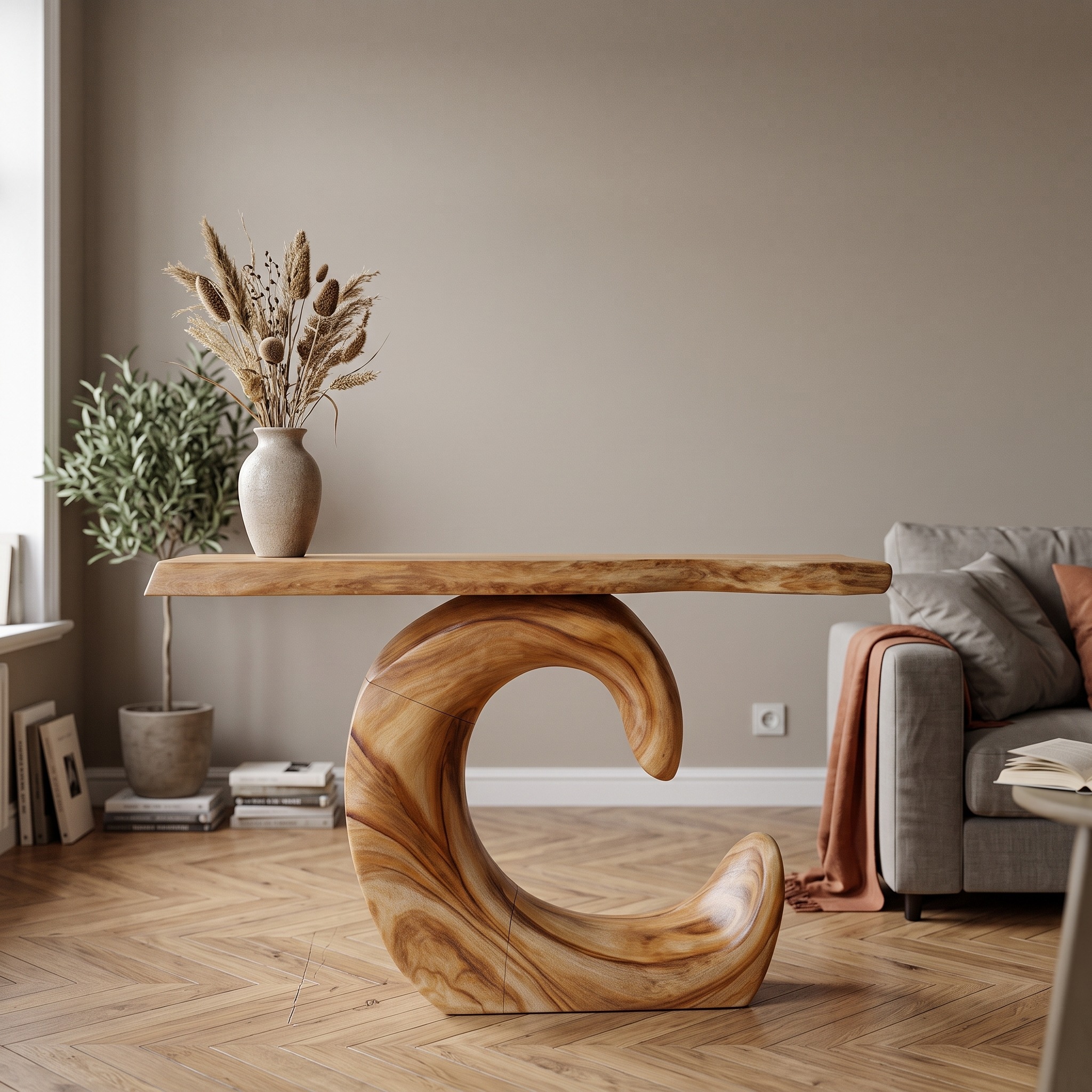 Mid Century Modern Console Table, Sculpted Solid Wood C-Base, Small Space Entryway & Accent Nook Table