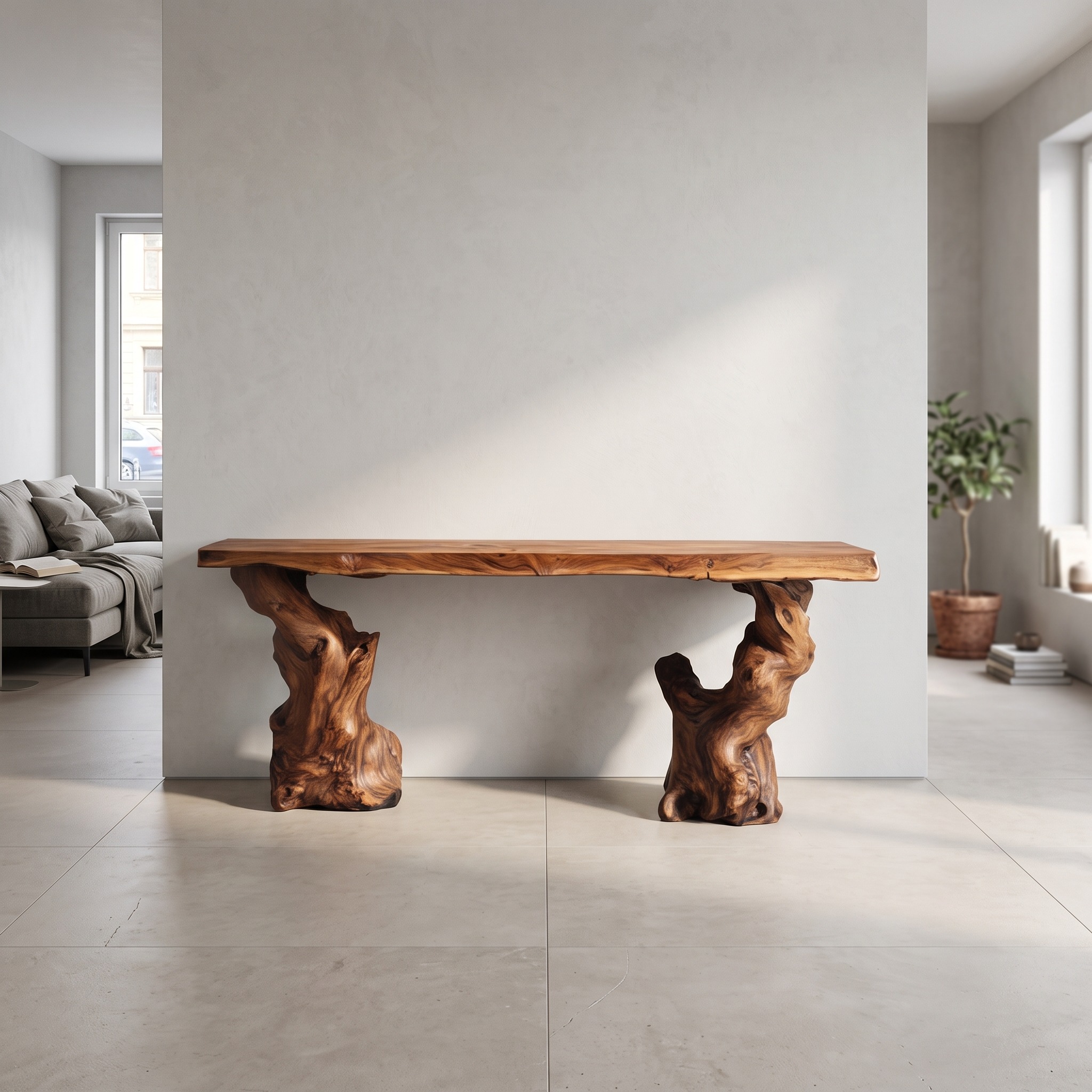 Mid Century Modern Console Table, Sculptural Wave Wood Base, Compact Entryway & Apartment Accent Table