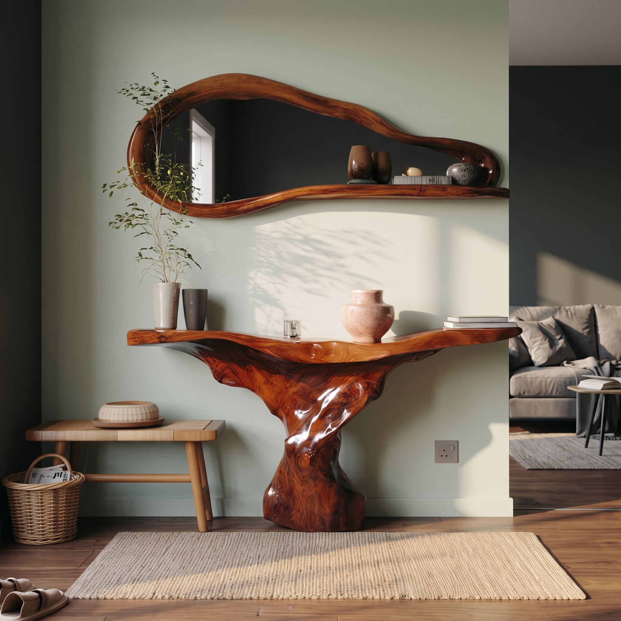 Mid Century Modern Console Table, Sculptural Wood Base, Artistic Statement Piece for Foyer & Living Room