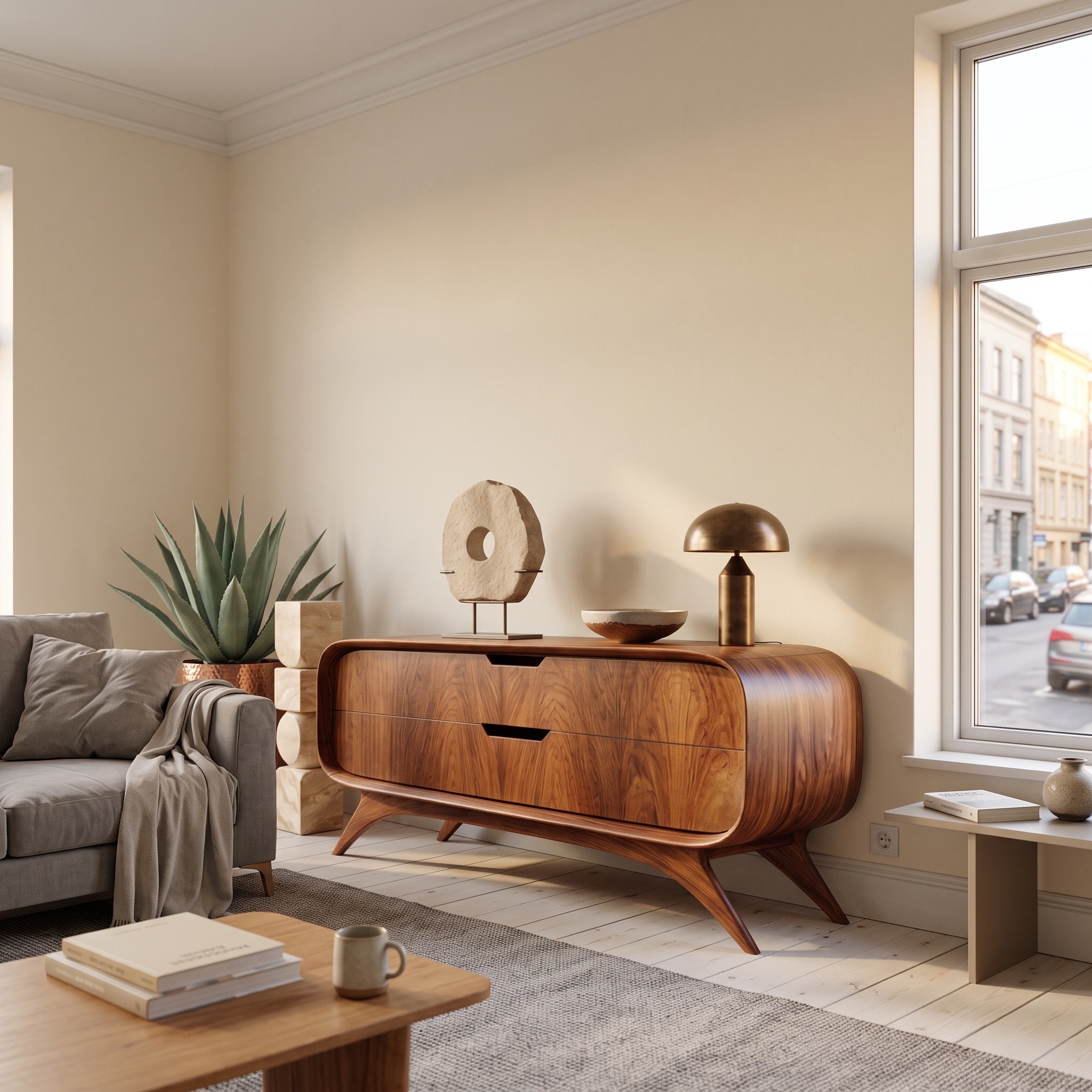 Mid Century Modern Curved Wood Sideboard, Storage Buffet Credenza Table for Dining, Entryway or Living Room