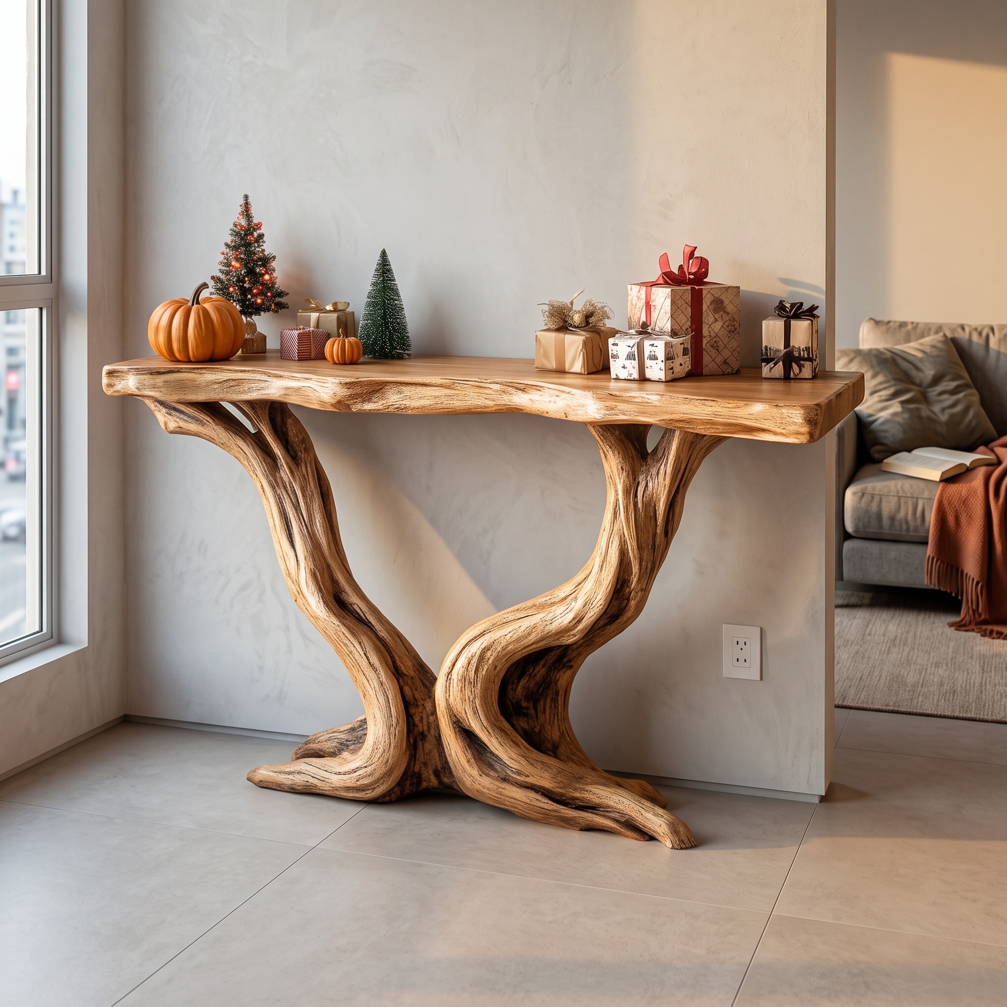 Mid Century Modern Entryway Table, Organic Carved Wood Legs, Compact Console Table for Living Room Corner
