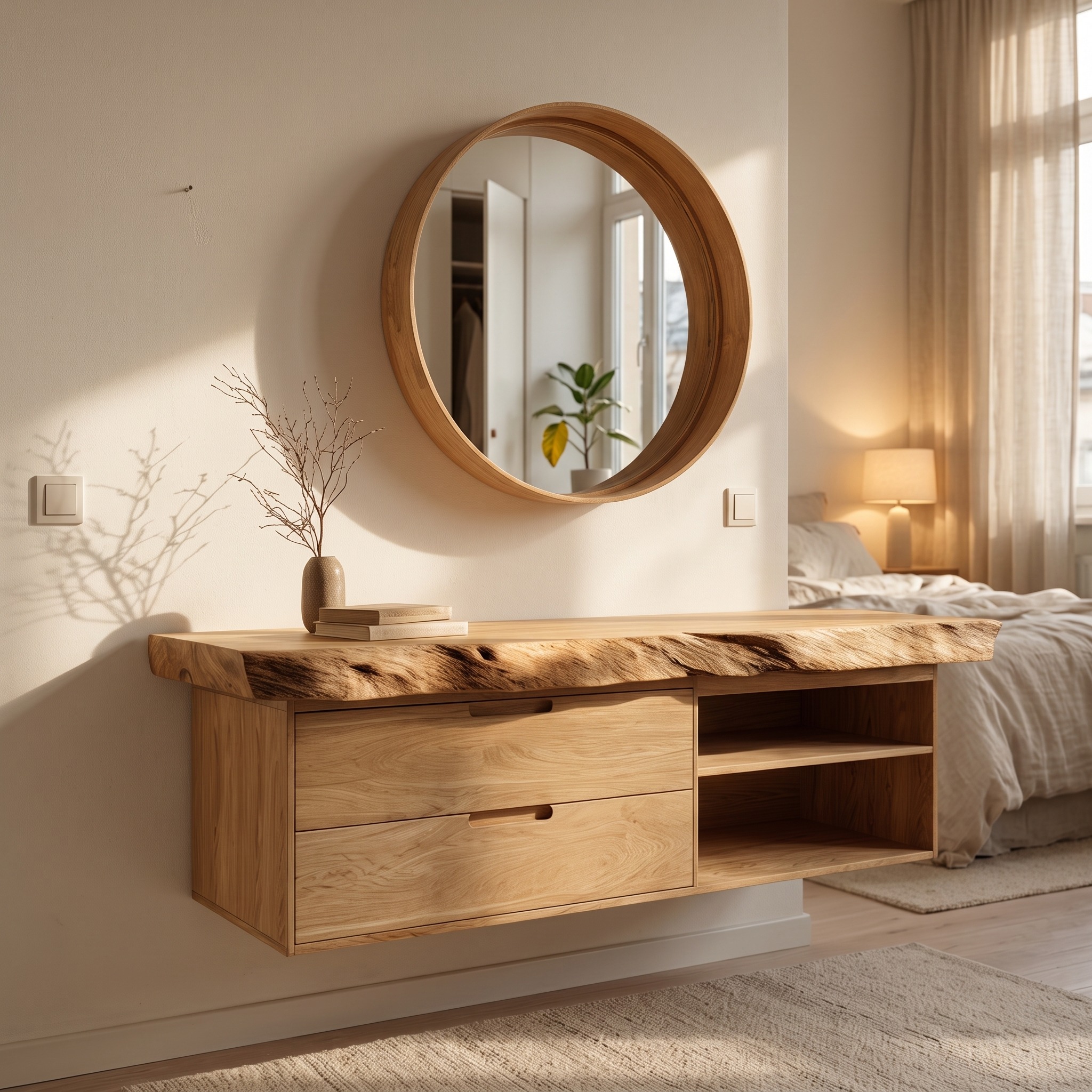Mid Century Modern Floating Bathroom Vanity, Sculpted Solid Wood Single Washstand Shelf, Wall Mount Bathroom Console