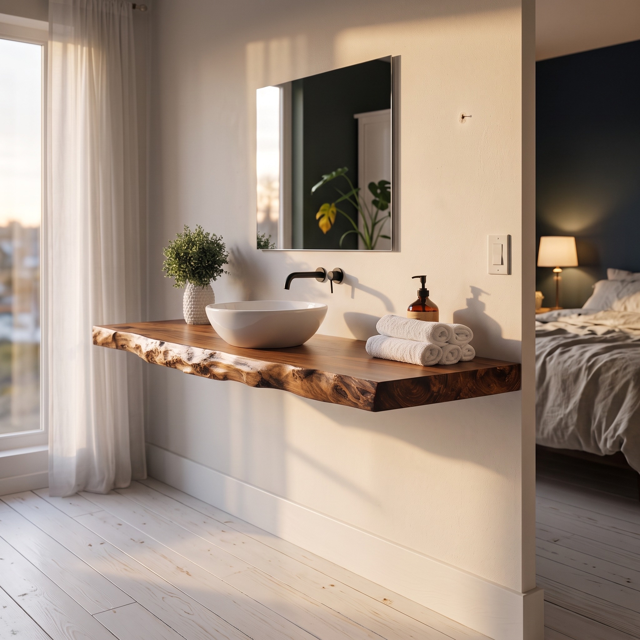Mid Century Modern Floating Bathroom Vanity Shelf, Organic Solid Wood Single Washstand, Wall Mounted Storage Console