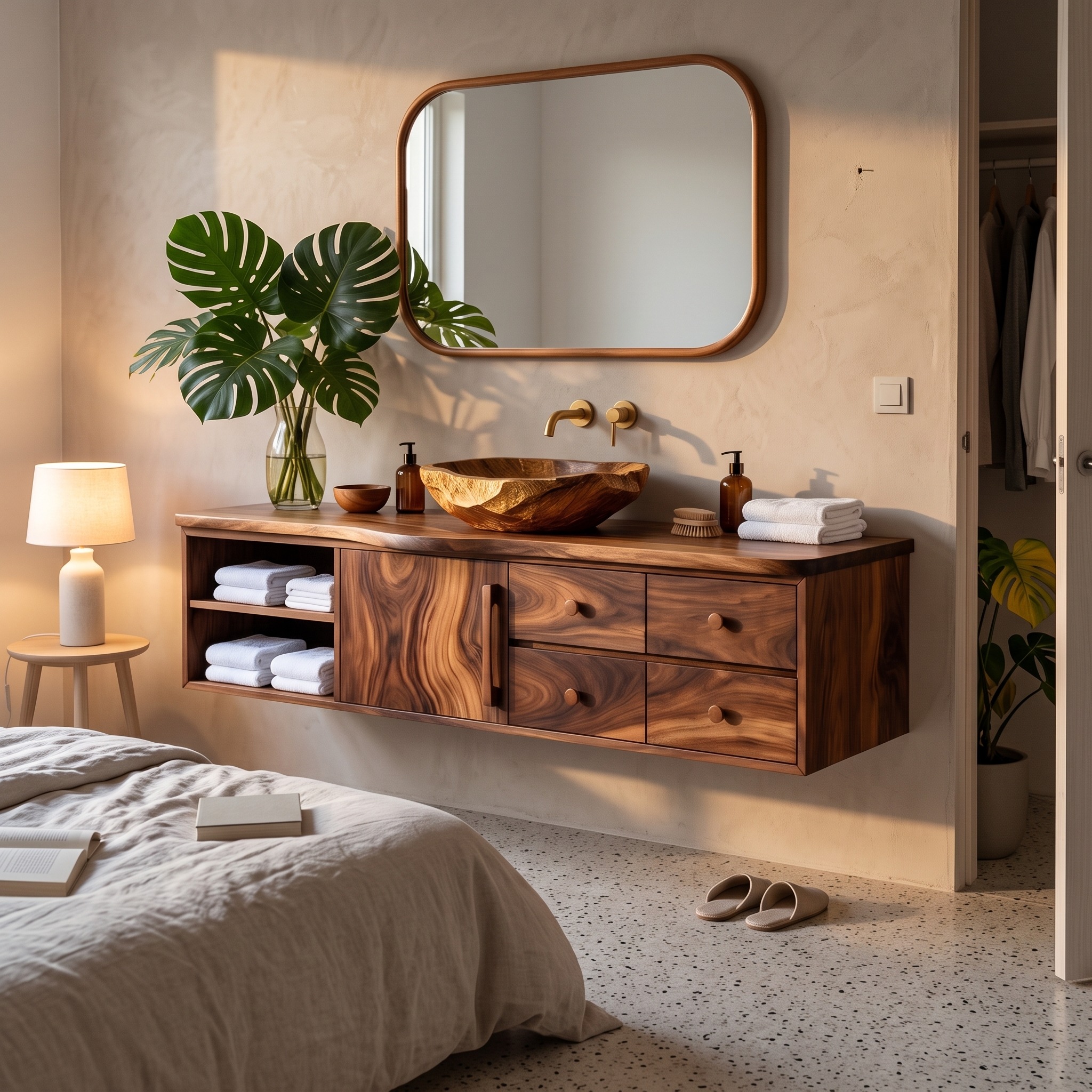 Mid-Century Modern Floating Bathroom Vanity, Wall-Mounted Solid Wood Single Sink Console, Luxury Washstand Shelf