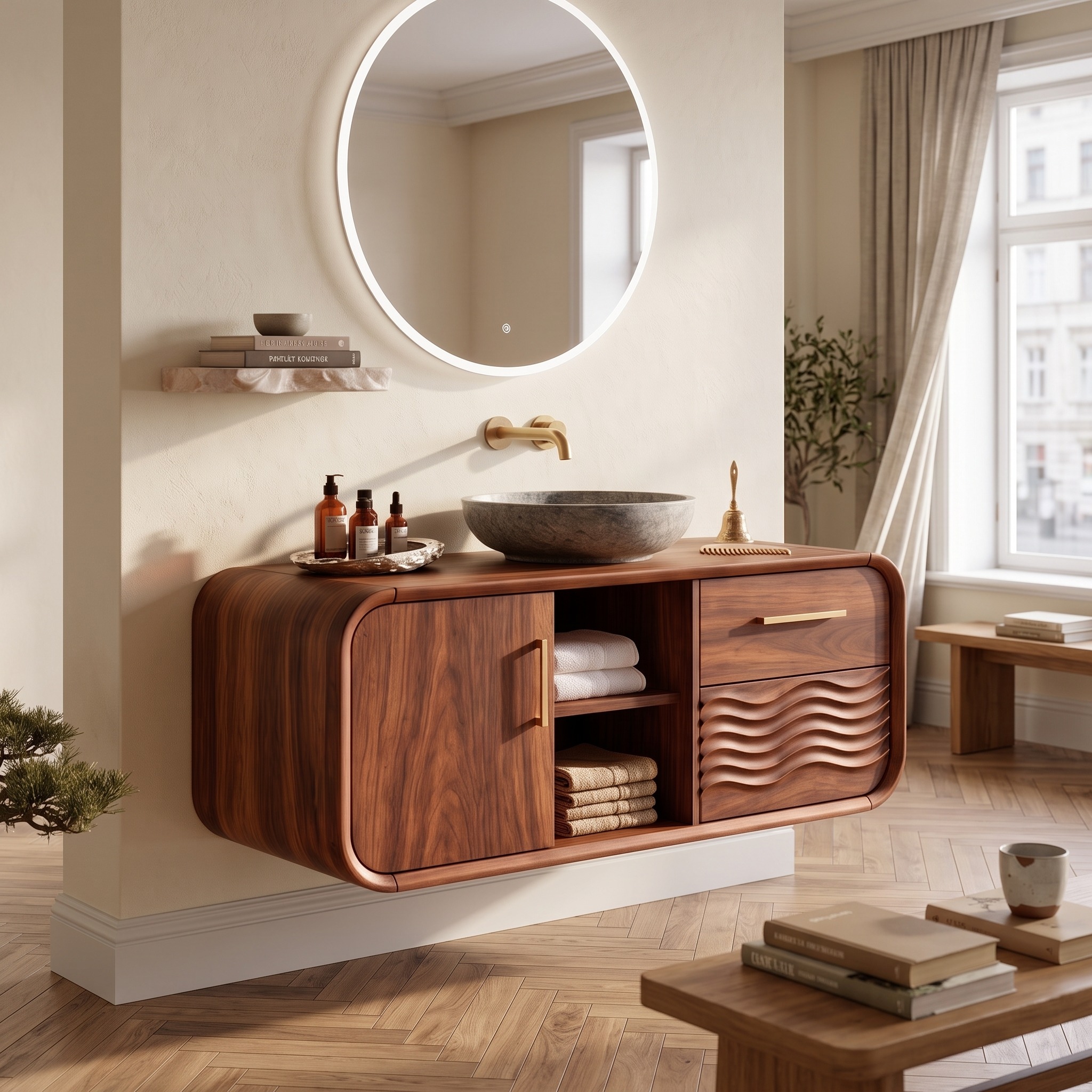 Mid Century Modern Floating Vanity, Solid Wood Wall Mounted Bathroom Vanity Console with Storage Drawers, Under Sink Cabinet