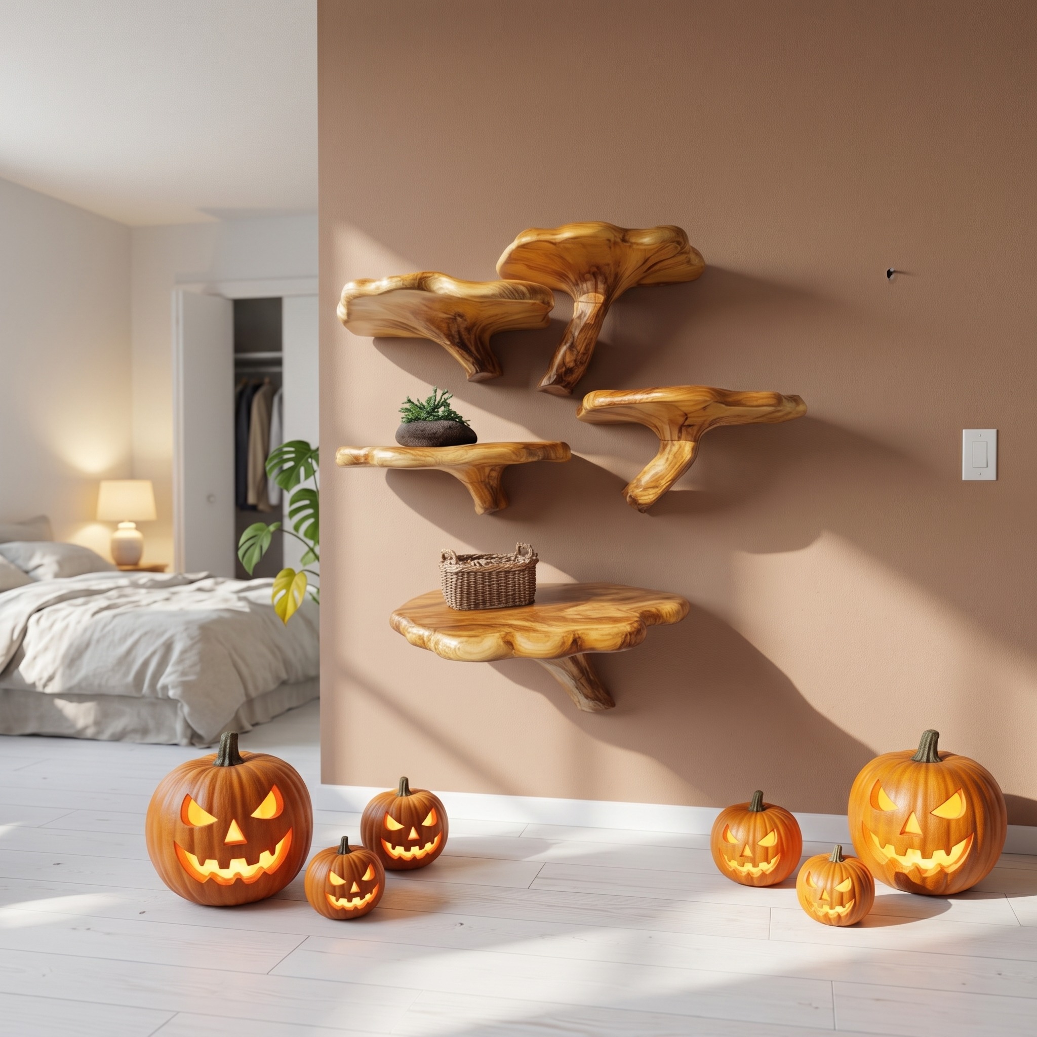 Mid-Century Modern Halloween Floating Shelf, Rustic Wooden Tree Branch Wall Shelf, Spooky Gothic Home Decoration