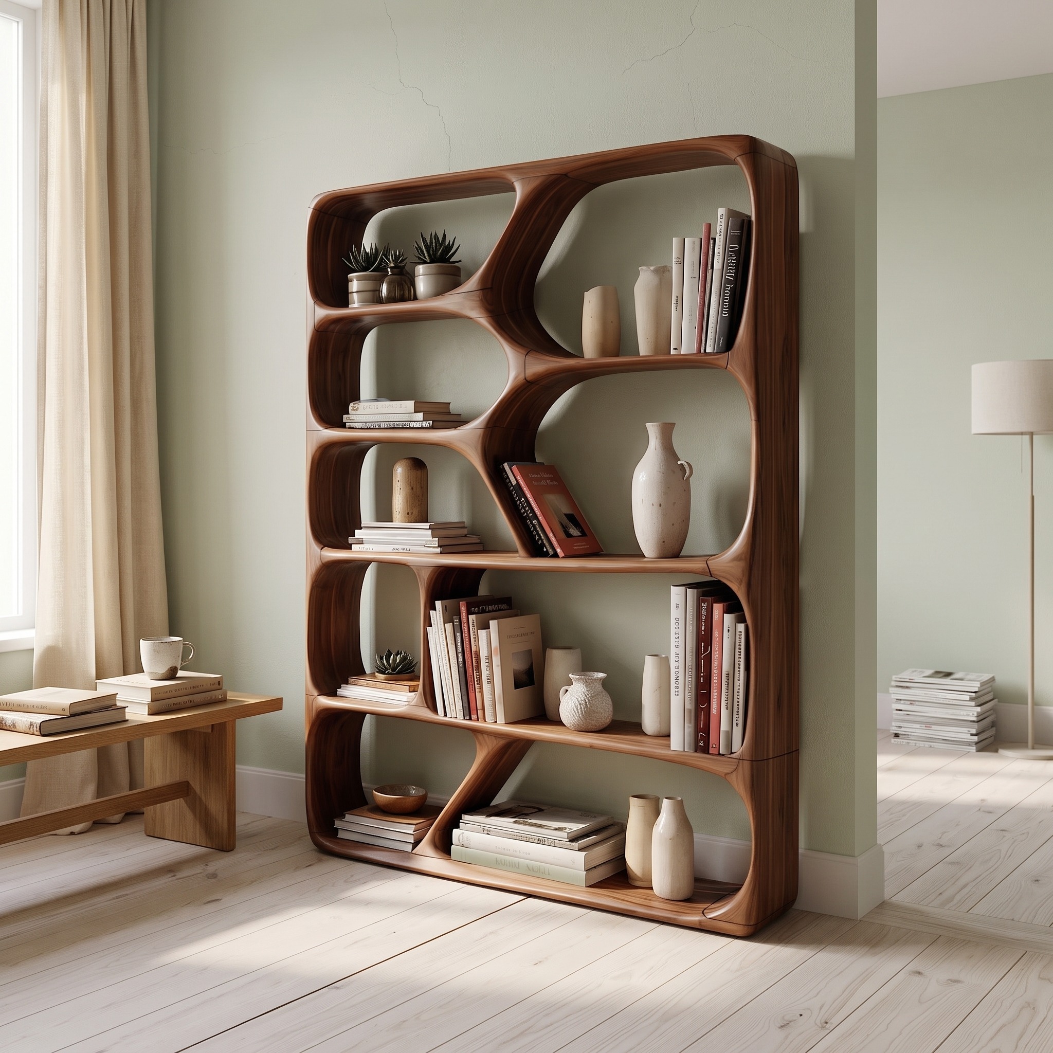 Mid Century Modern Handcrafted Wooden Bookcase, Solid Wood Open Shelf Display Organizer Rack for Living Room & Office Decor