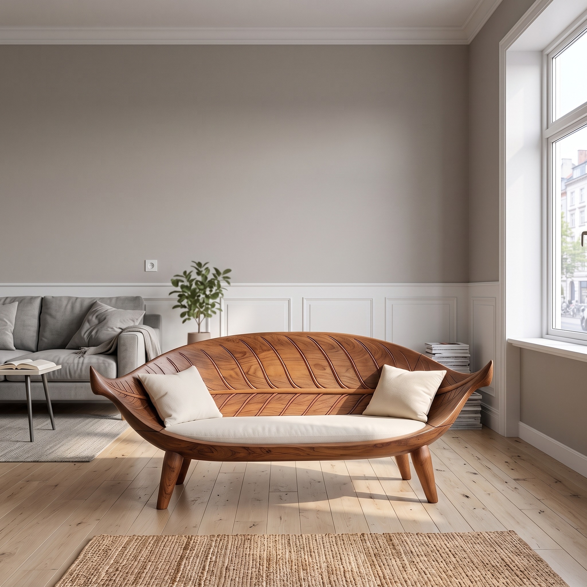 Mid Century Modern Longboat Curved Wood Bench, Indoor Dining Bench, Sunroom & Entryway Seating, Natural Oak