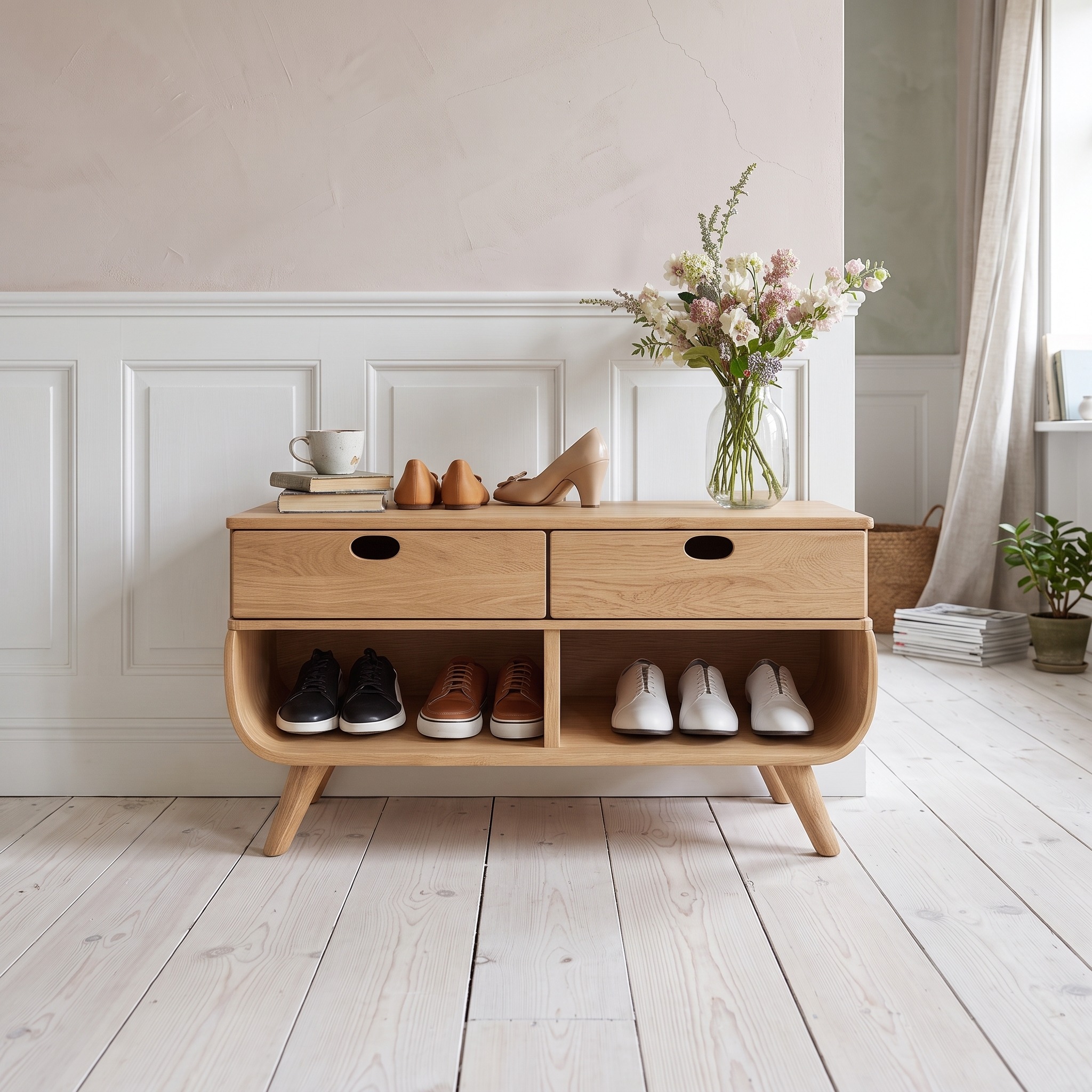 Mid Century Modern Organic Shoe Cabinet, Solid Wood Entryway Storage Organizer Bench for Hallway, Living Room