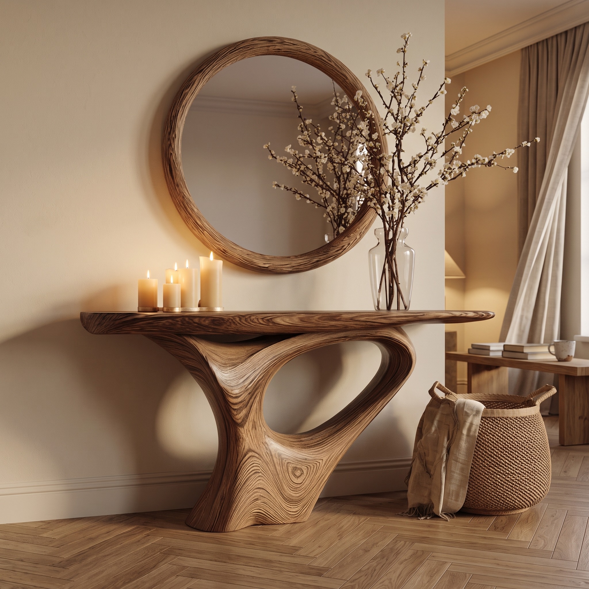 Mid Century Modern Organic Solid Wood Console Table, Living Room & Entryway Accent Sofa Table, Model