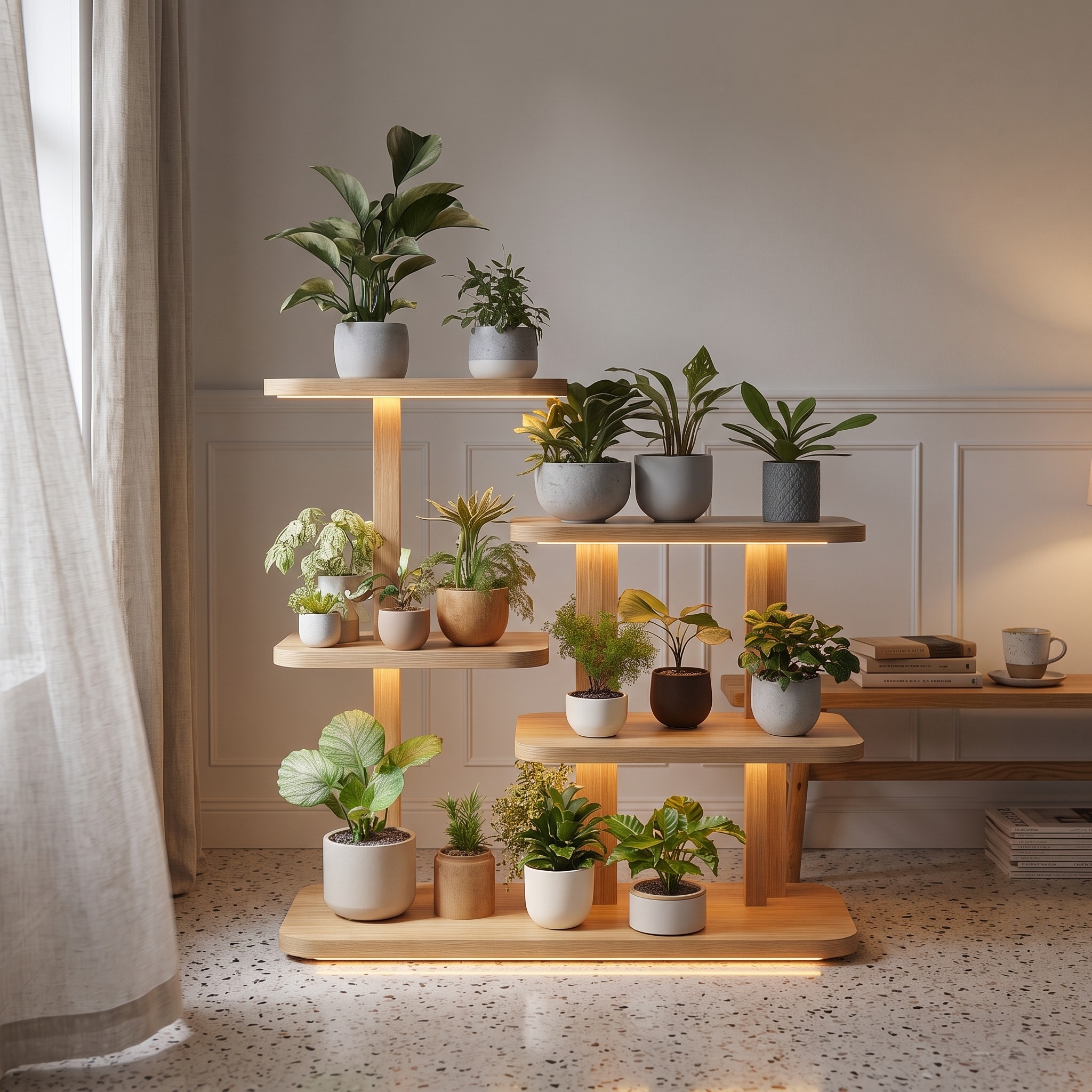 Mid-Century Modern Plant Display Stand, Solid Wood Indoor Flower Pot Holder, Tiered Wooden Plant Racks for Patio