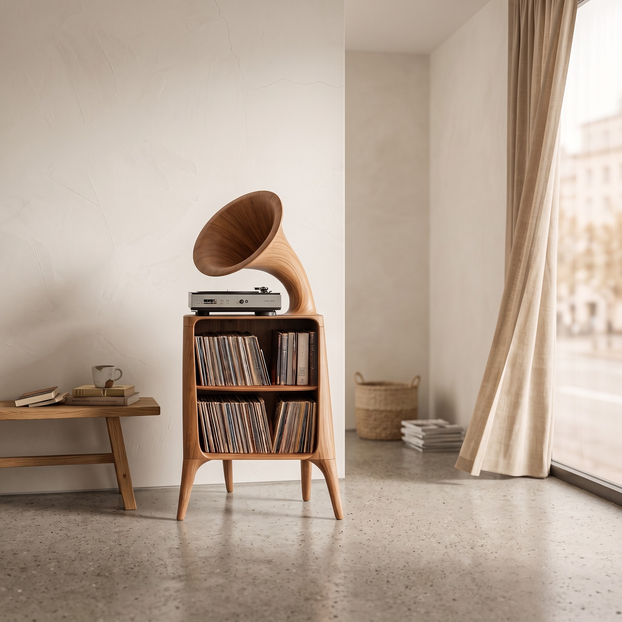 Mid Century Modern Record Console Table, Handcrafted Solid Wood Vinyl Storage Cabinet Shelf for Living Room Audio Station