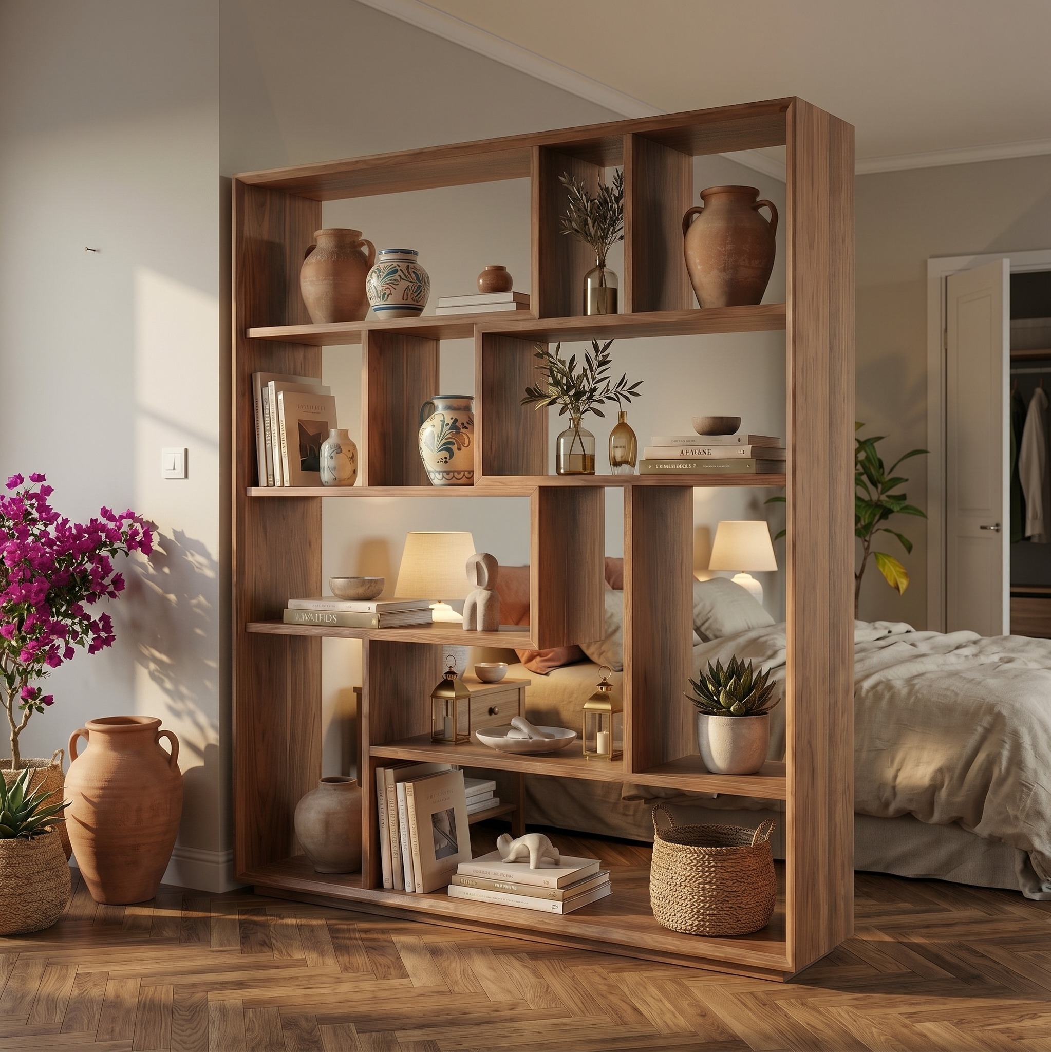 Mid Century Modern Room Divider Bookshelf, Open Shelf Solid Wood Bookcase for Living Room, Loft Studio & Office Decor