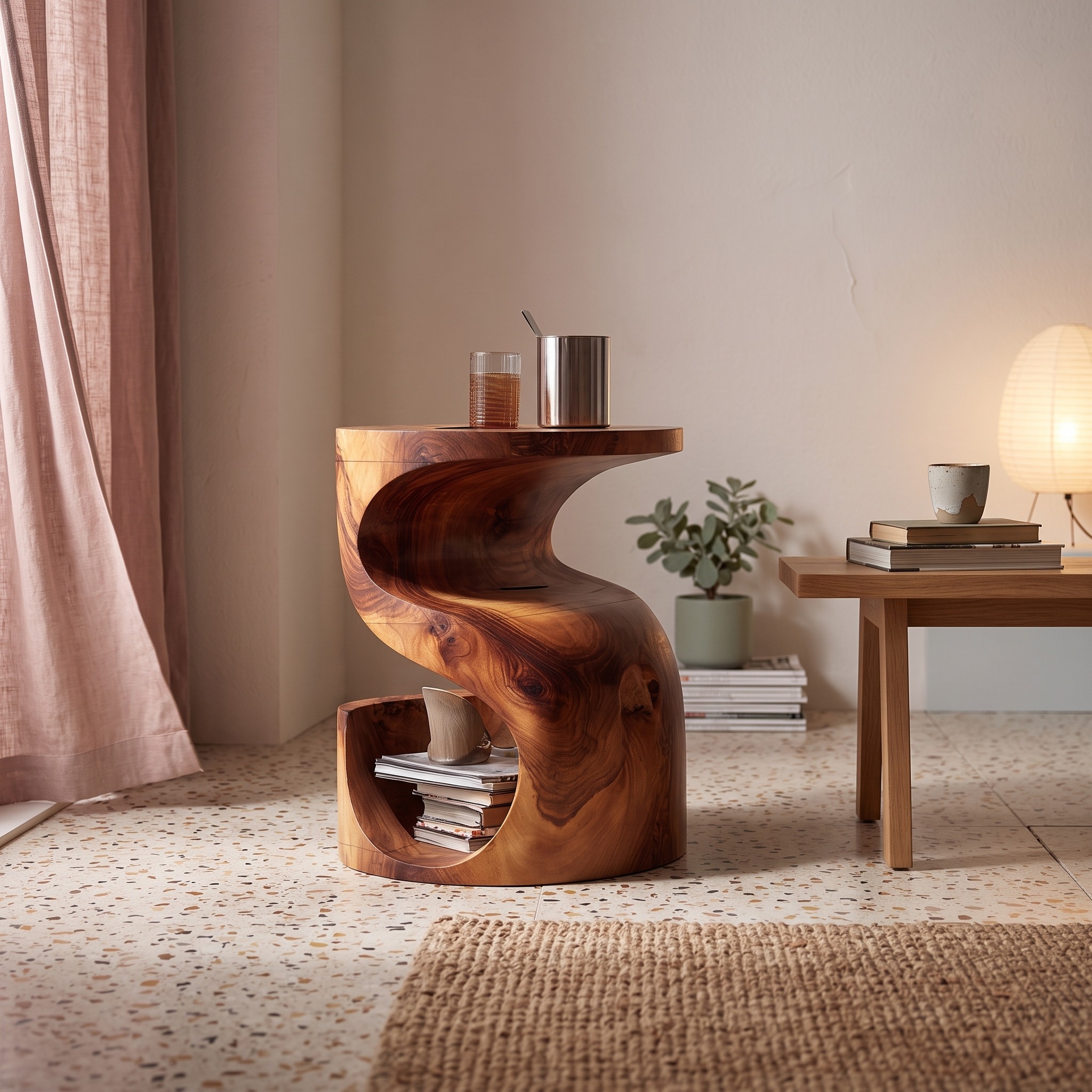 Mid-Century Modern Sculptural Bedside Nightstand, Solid Wood End Side Table for Bedroom & Living Room
