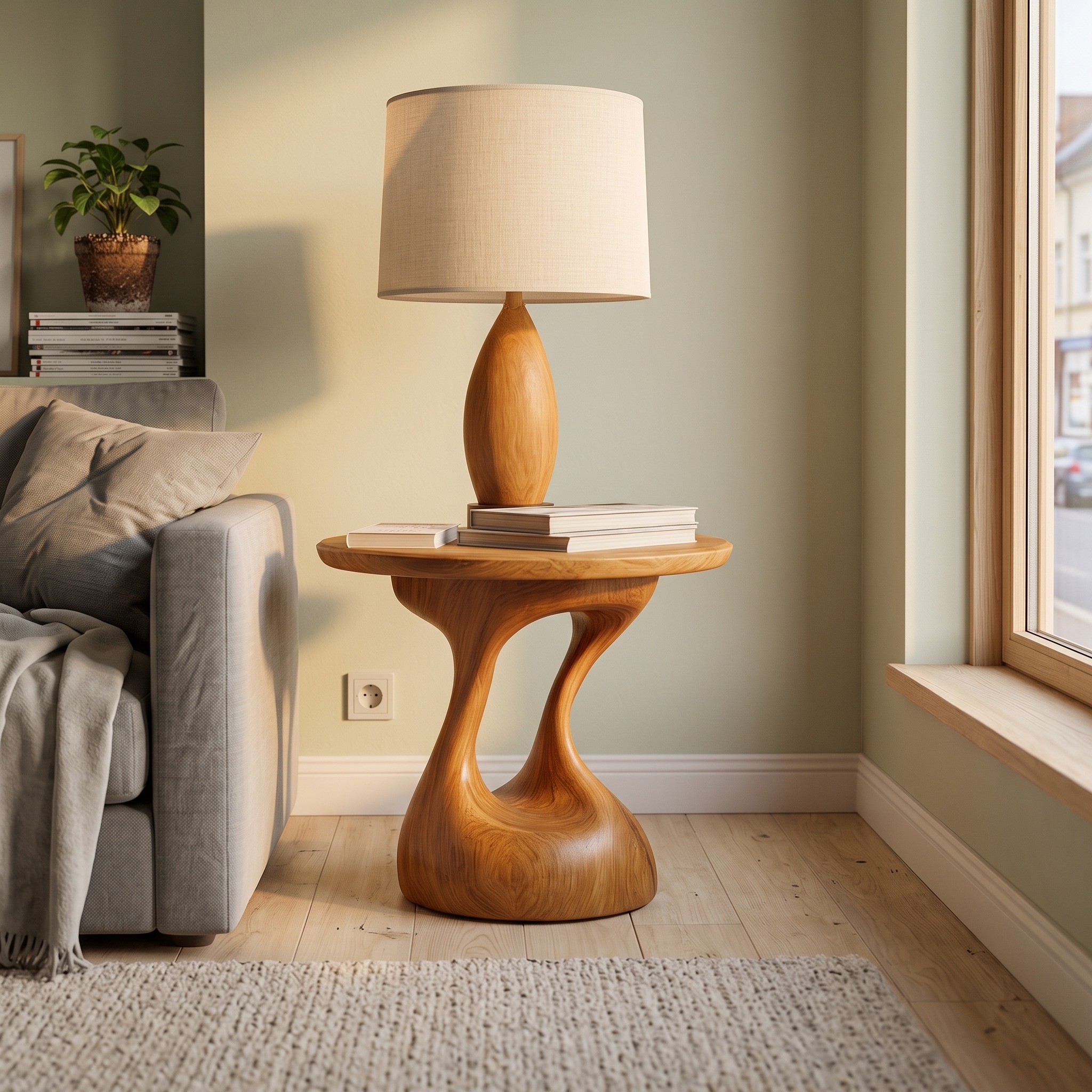 Mid Century Modern Sculptural Bedside Table, Wood Nightstand & Accent End Table for Bedroom, Living Room Decor