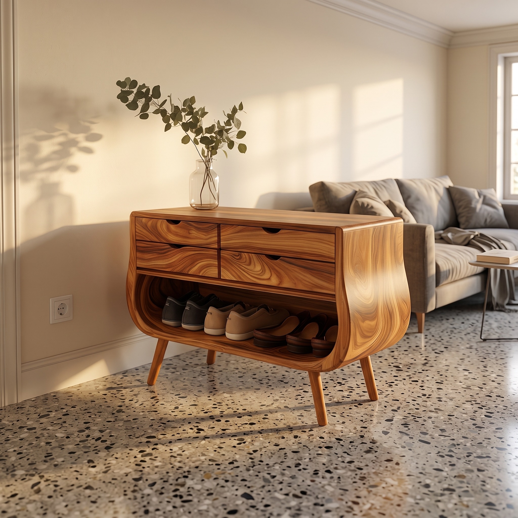 Mid Century Modern Shoe Organizer Bench, Soft Curved Solid Wood Storage Cabinet for Entryway, Reading Room