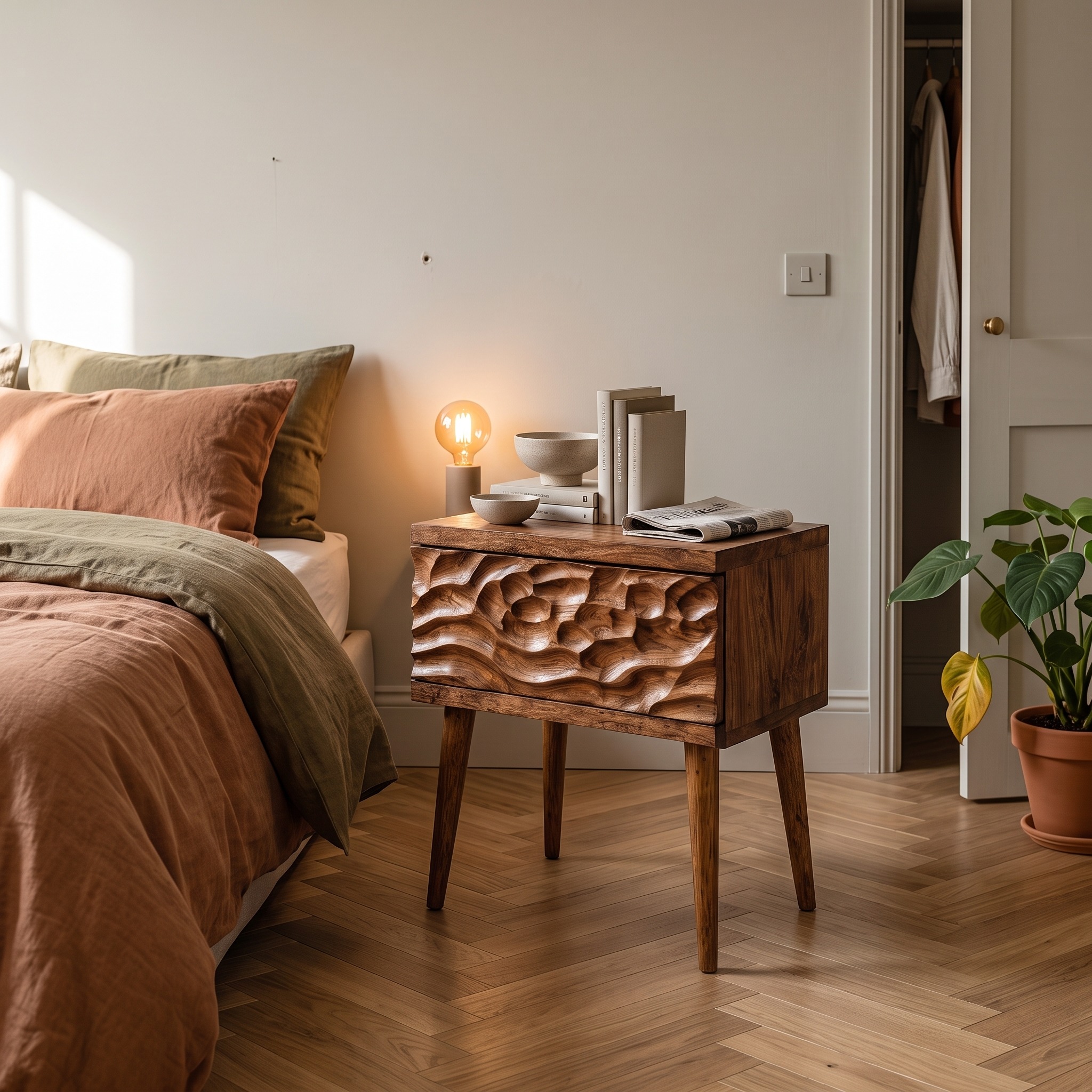 Mid-Century Modern Side Table, Carved Wood Drawer End Table & Bedside Nightstand for Bedroom
