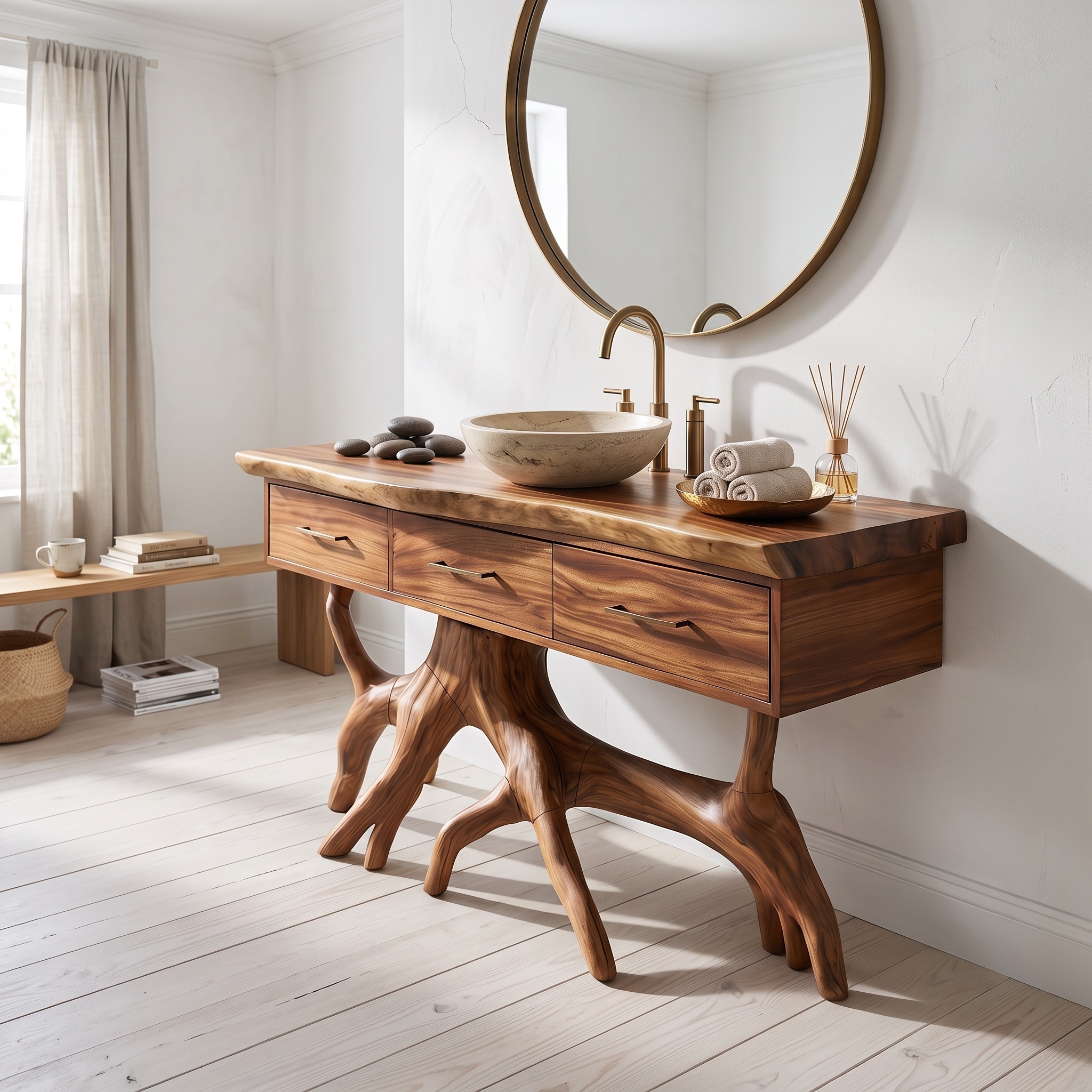 Mid-Century Modern Solid Wood Bathroom Vanity, Spa-Inspired Single Sink Cabinets for Master Suite, Washstand