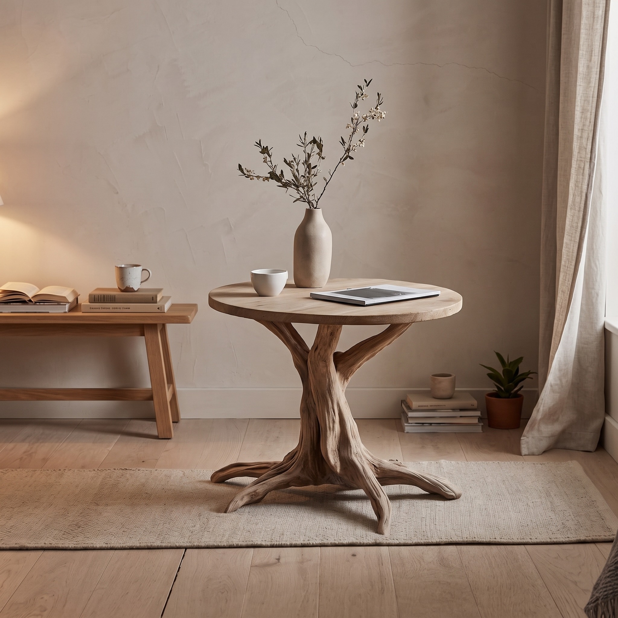 Mid Century Modern Solid Wood End Table, Round Accent Side Table for Living Room Corner Decor & Display