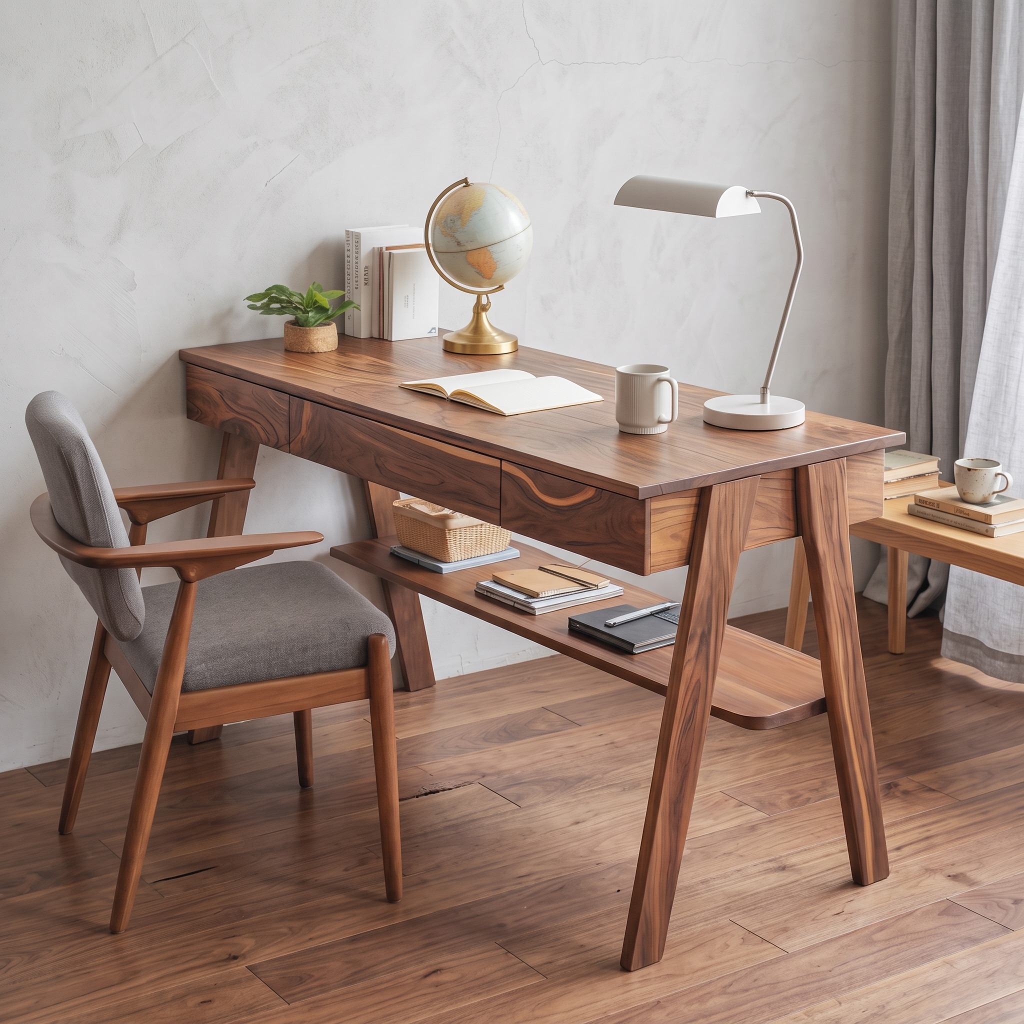 Mid Century Modern Solid Wood Writing Desk with Drawers & Storage Shelf for Home Office Workstation, Walnut Brown