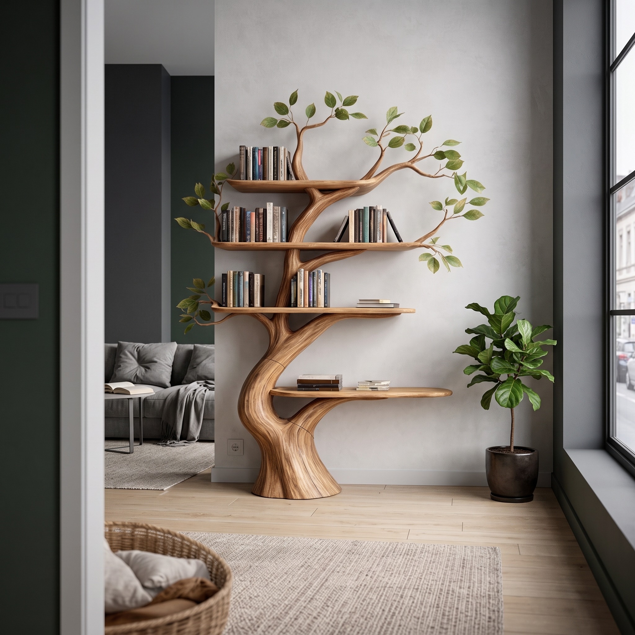 Mid Century Modern Tree Bookshelf Living Area