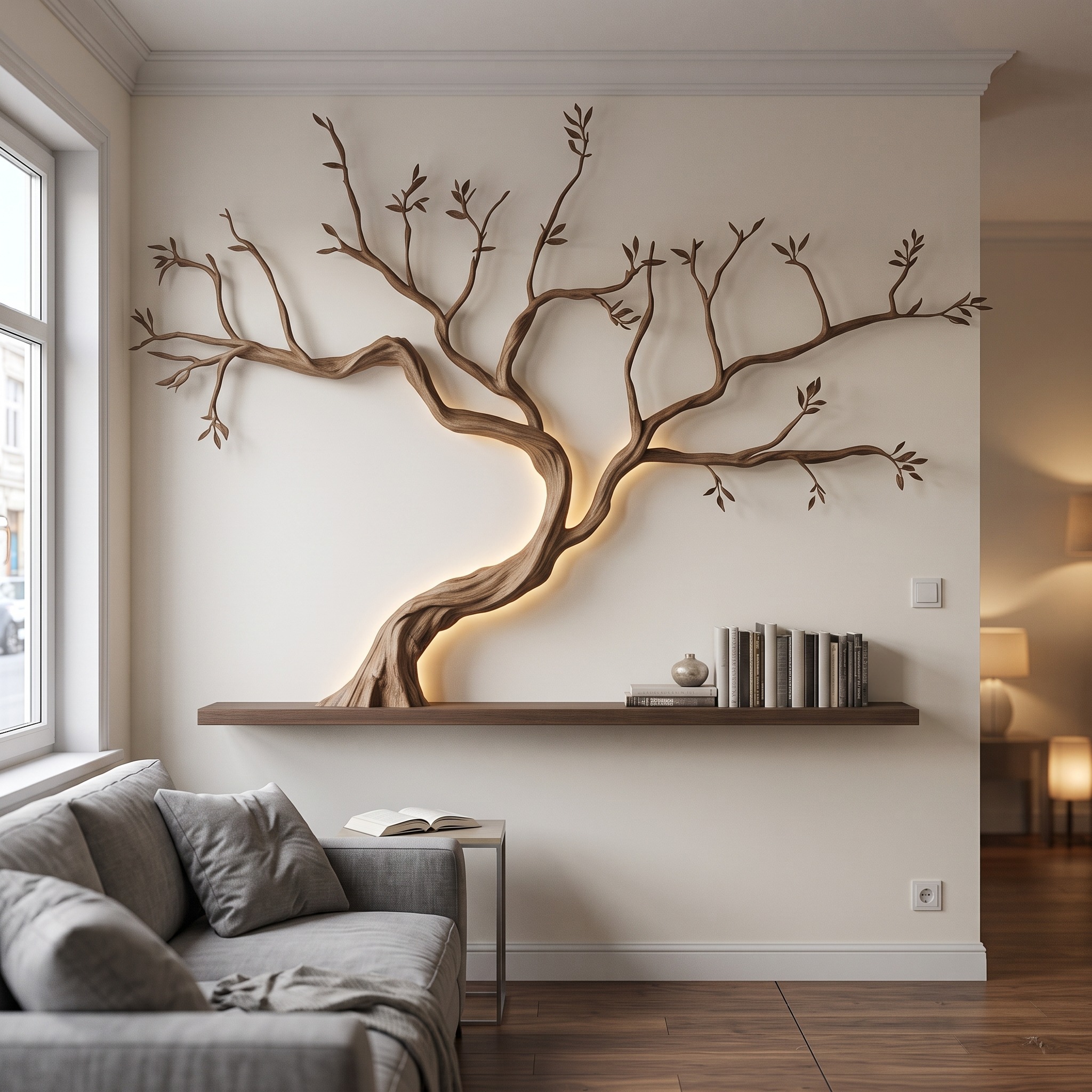 Mid Century Modern Tree Branch Shelf, Floating Solid Wood Wall Bookcase, Unique Accent Display for Bedroom & Lounge