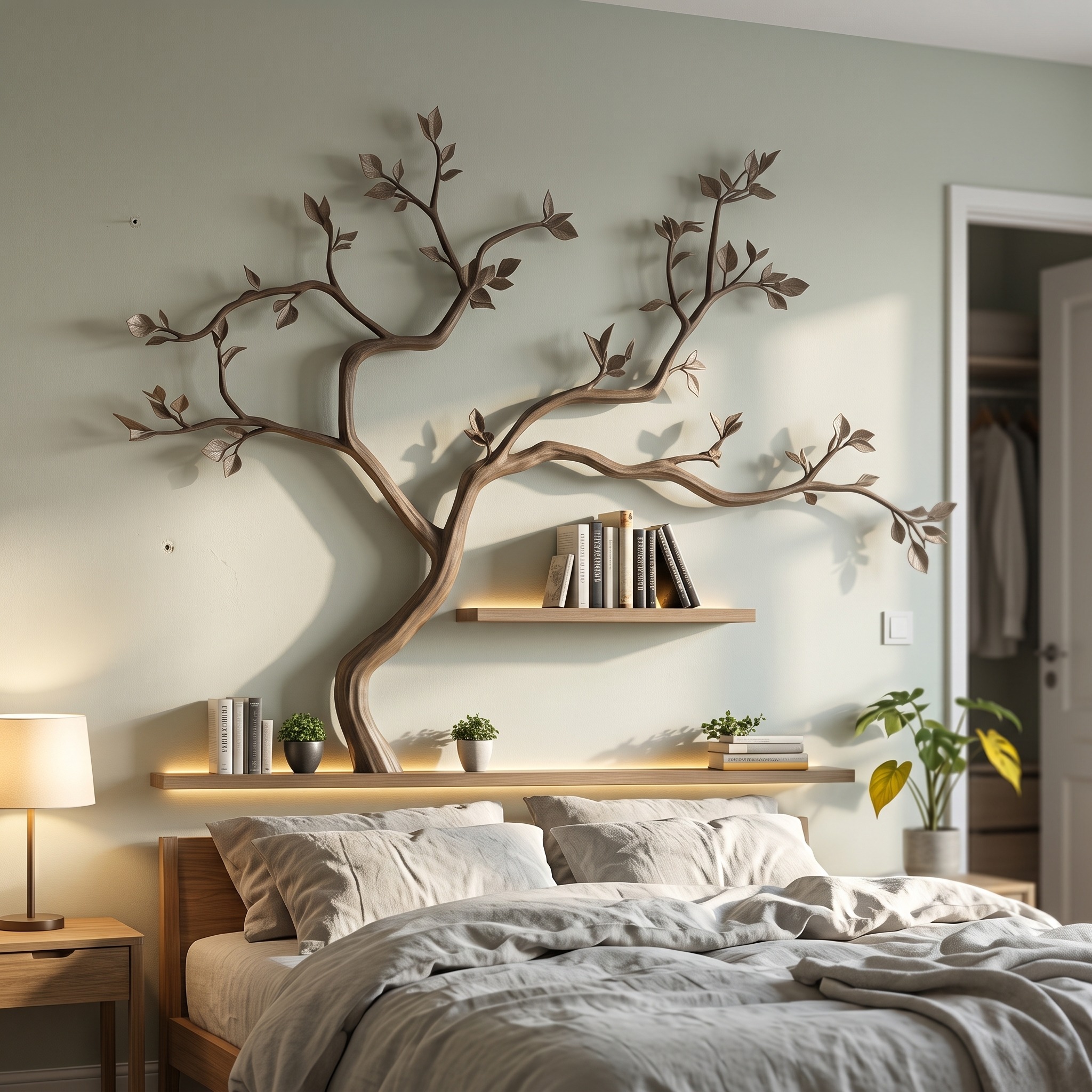 Mid Century Modern Tree Wall Shelf, Solid Wood Sculptural Floating Branch Bookcase for Living Room & Cozy Bedroom