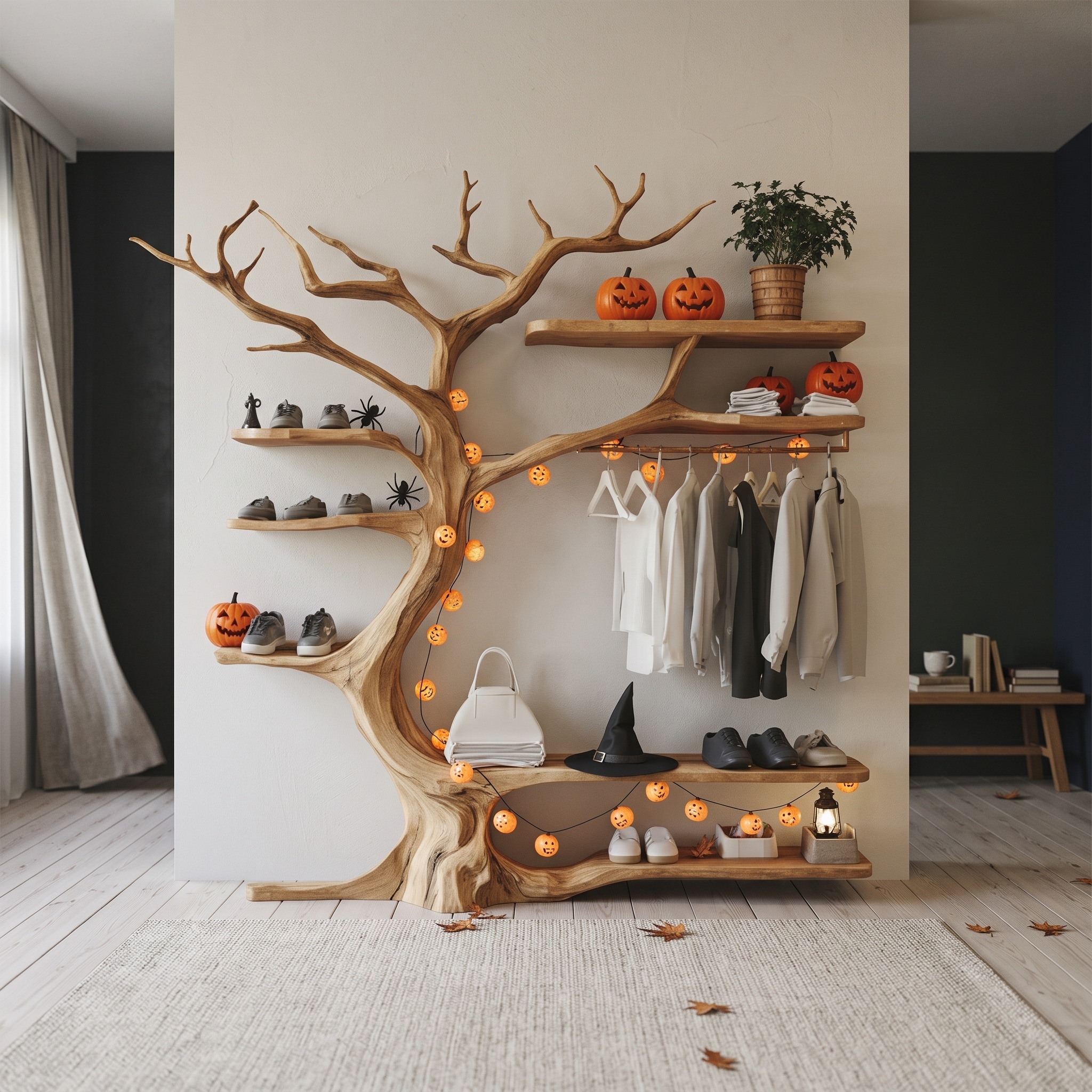 Mid-Century Modern Tree Wardrobe Shelf, Rustic Tree-Shaped Standing Clothes Organizer, Gothic Halloween Decor