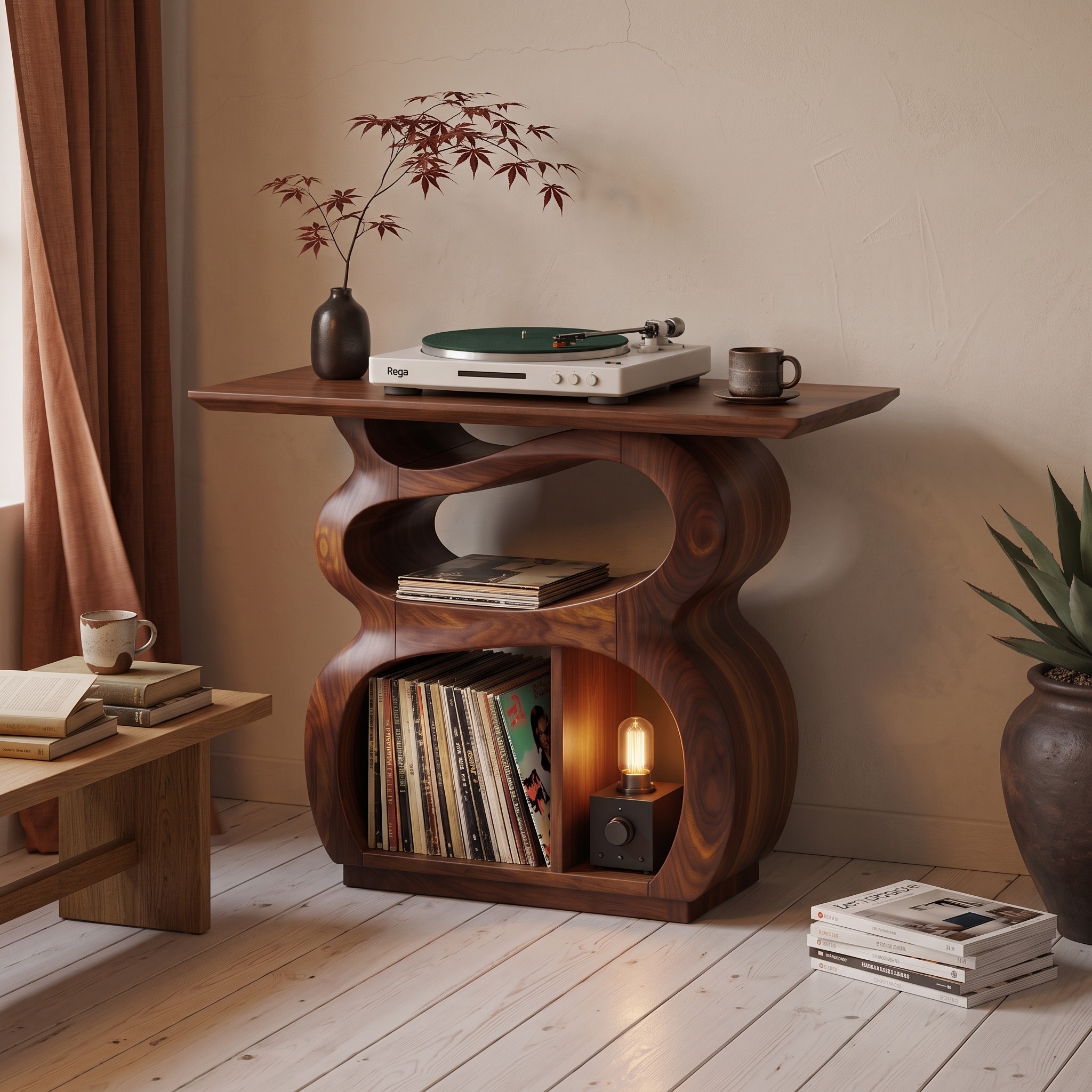 Mid-Century Modern Turntable Stand with Storage Drawer, Solid Wood Record Player Console for LP Vinyl Records