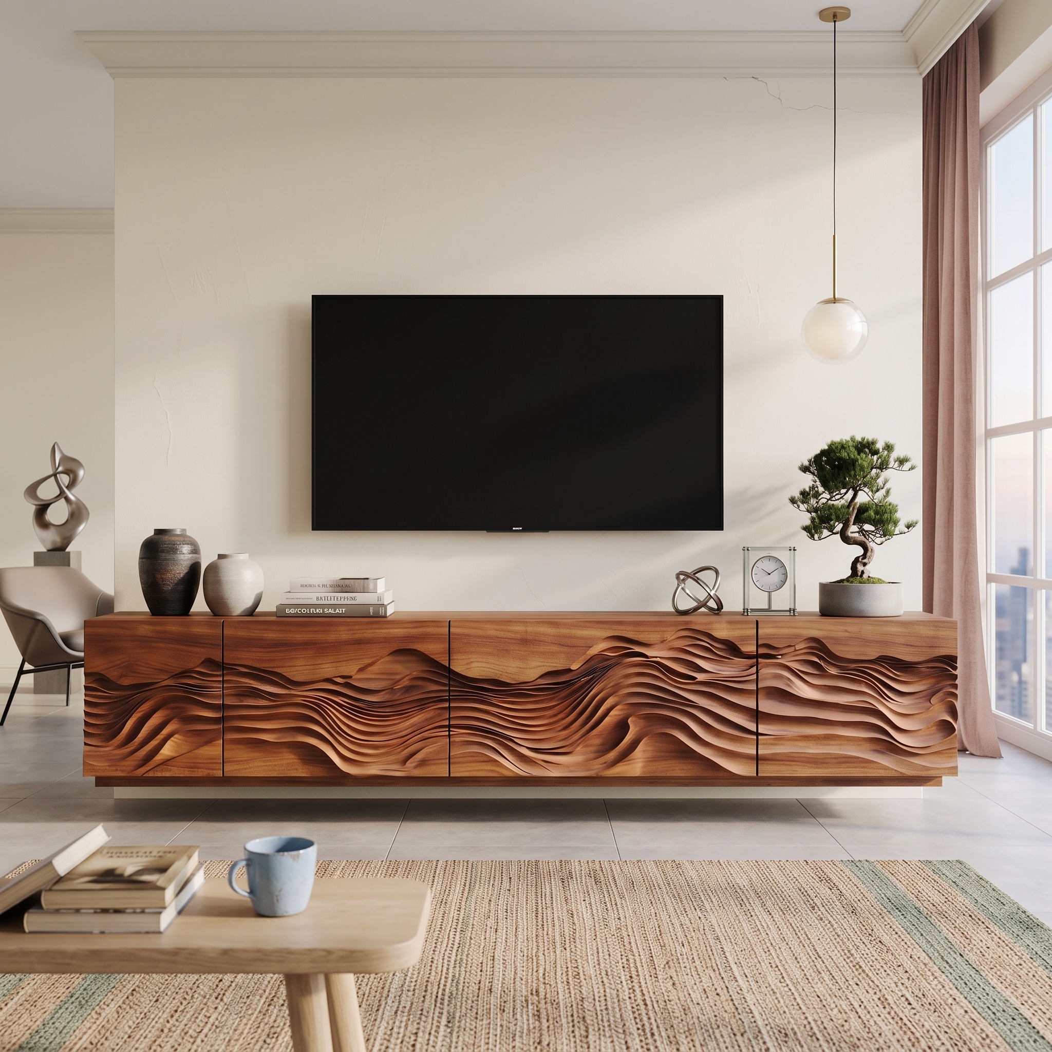 Mid Century Modern TV Stand Table, Handcrafted Solid Wood Media Storage Console for Living Room Entertainment