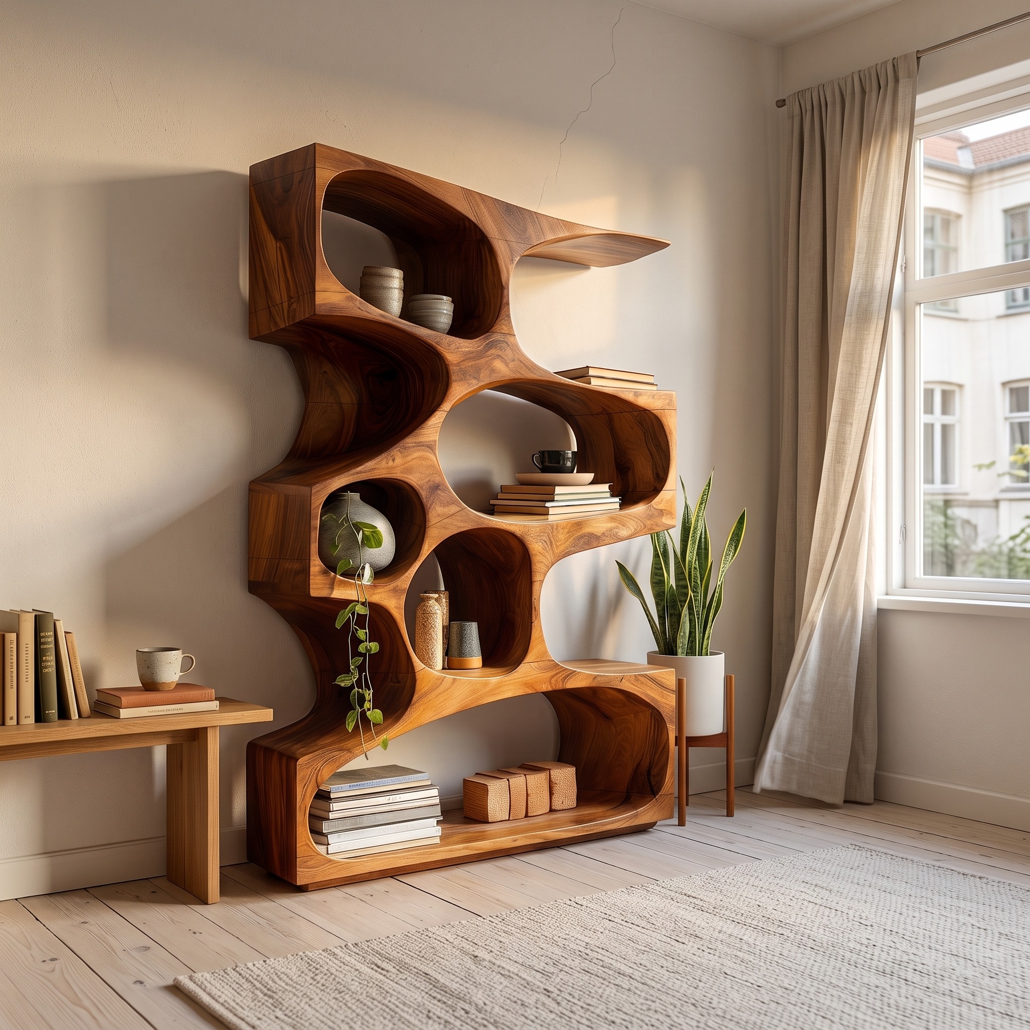 Mid Century Modern Wavy Bookshelf, Solid Wood Corner Display Shelf & Book Storage Rack for Bedroom
