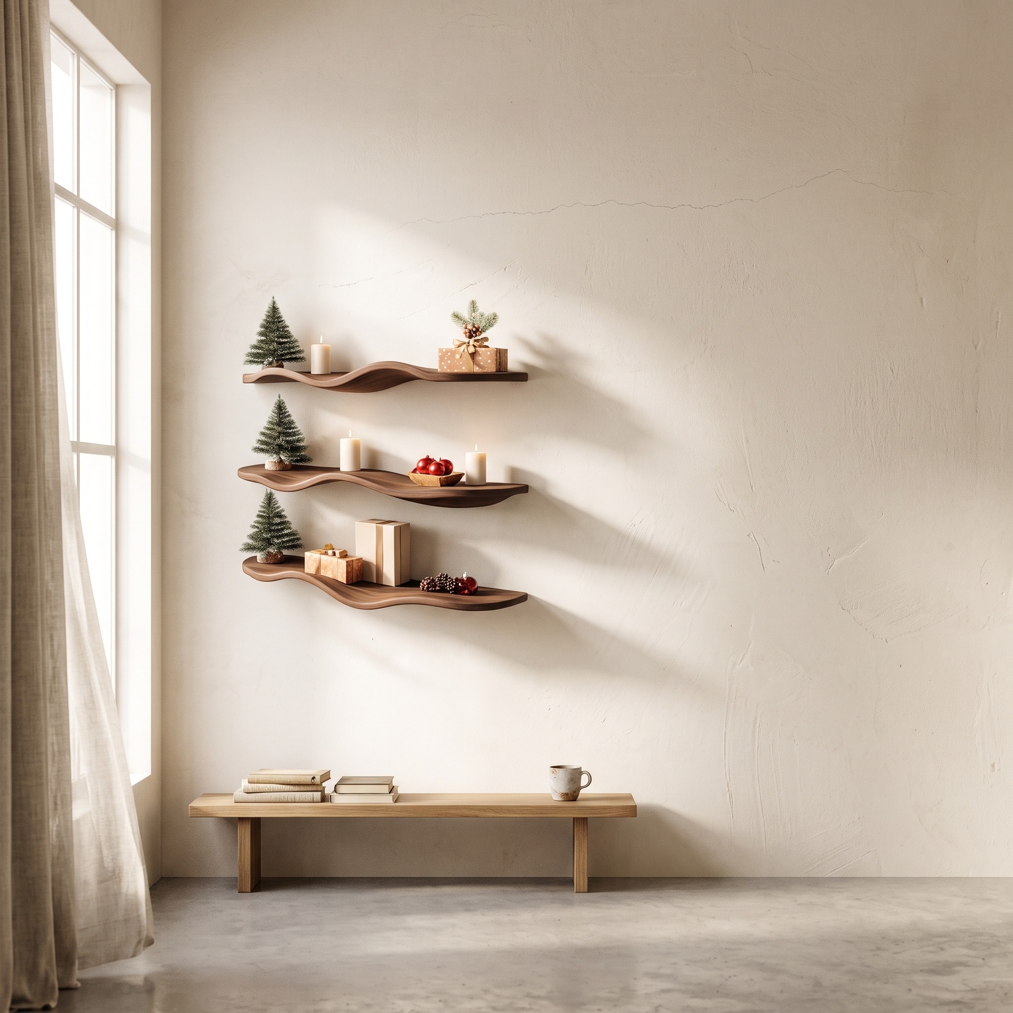 Mid Century Modern Wavy Floating Shelf, Solid Wood Curved Wall Display for Entryway & Living Room Decor