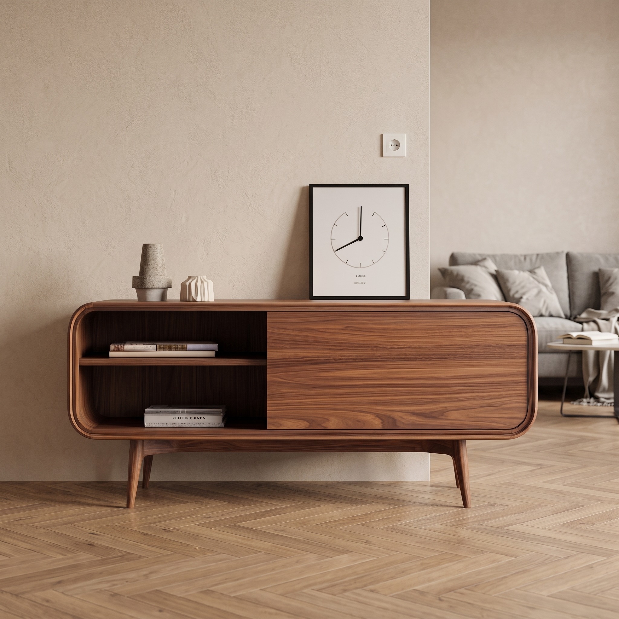 Mid Century Modern Wood Bookshelf Cabinet, Tall Display Storage Shelving Unit for Living Room & Study