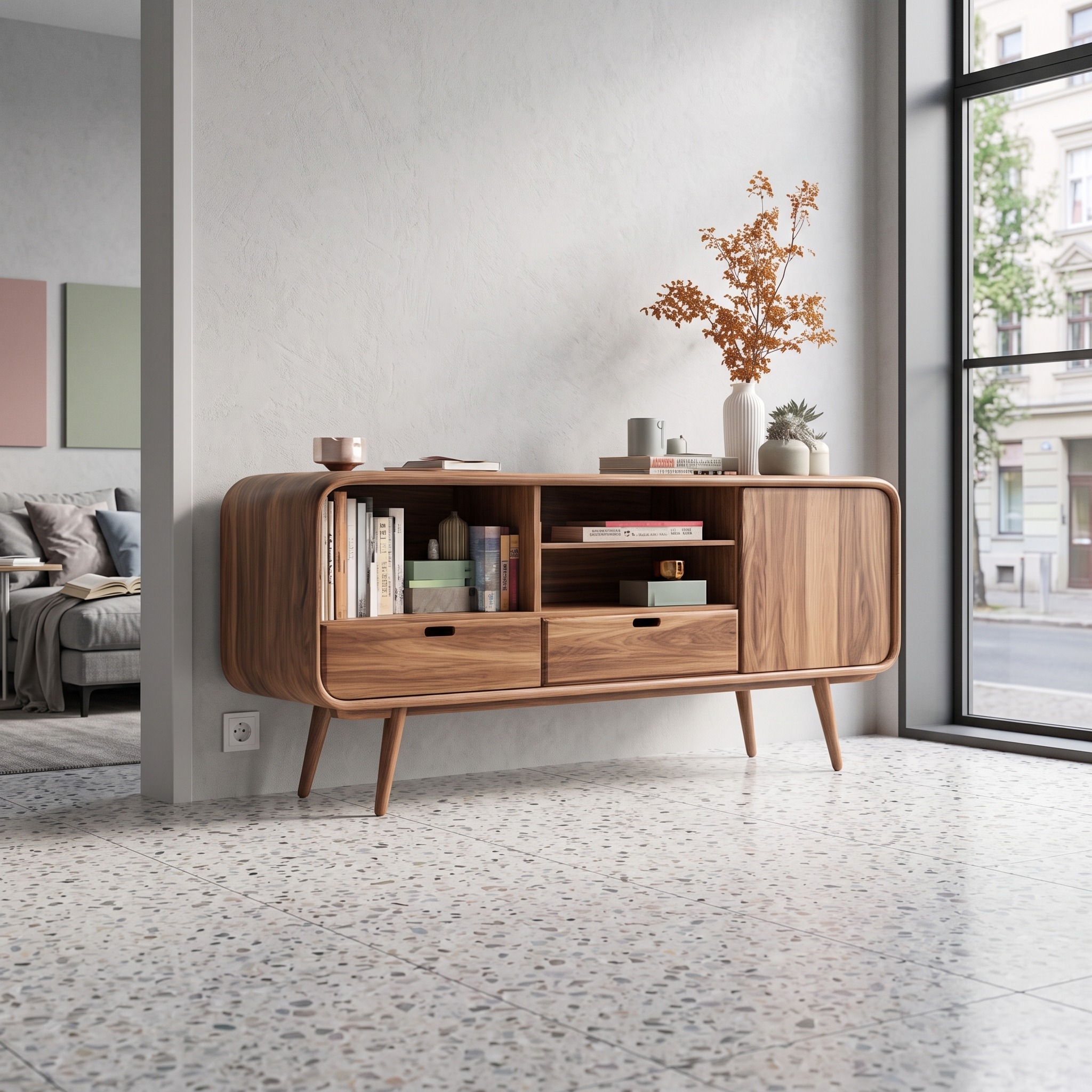 Mid Century Modern Wood Bookshelf Living Room or Home Office