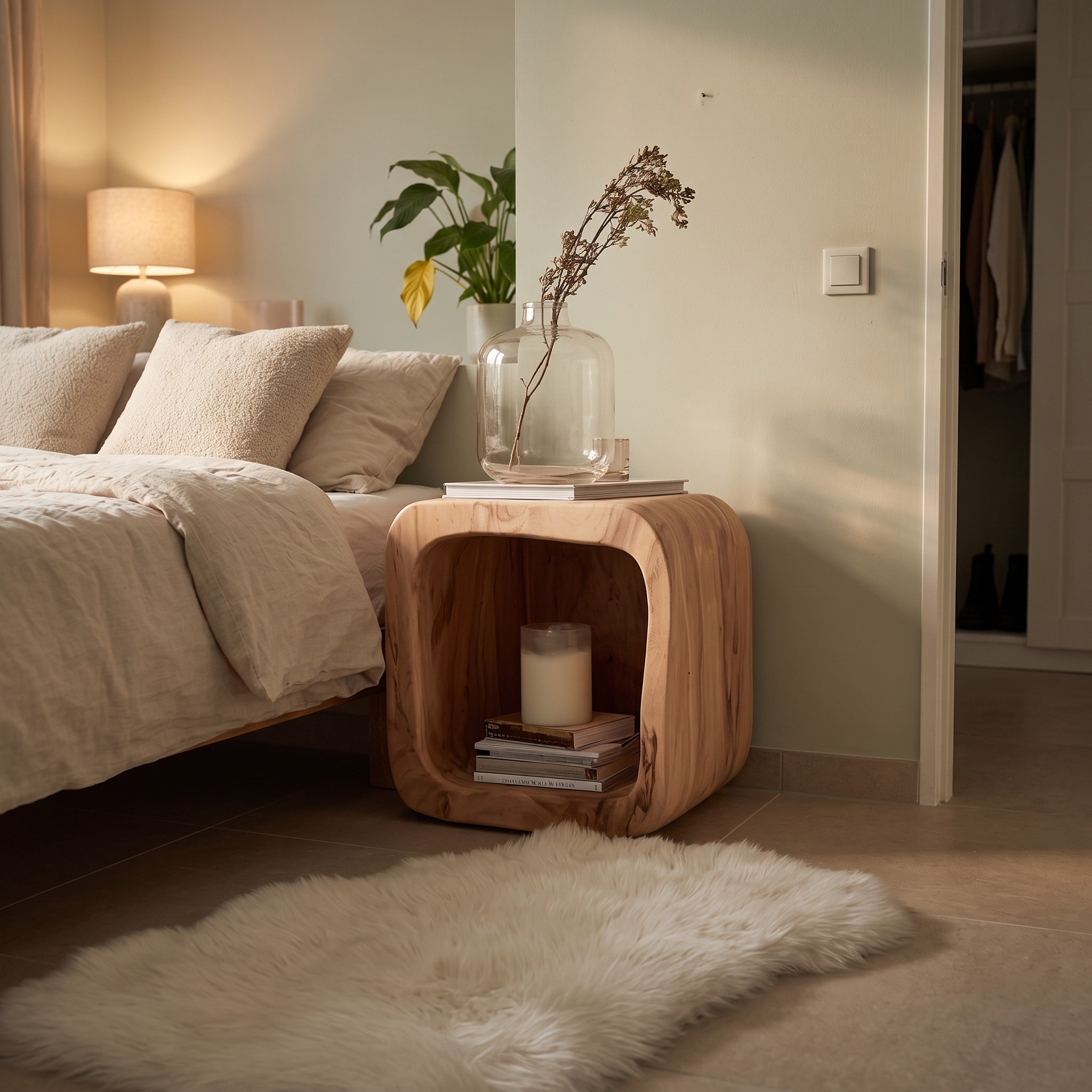 Mid-Century Modern Wood Nightstand, Bedside Table with Storage Drawer for Bedroom Accent, Handcrafted End Side Table