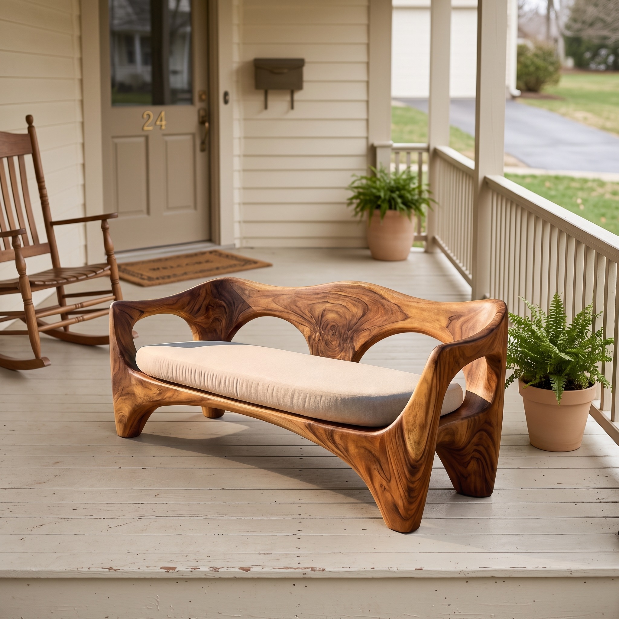 Mid-Century Modern Wooden Sofa with Sculptural Frame, Handcrafted Solid Wood Patio & Living Room Couch, Model