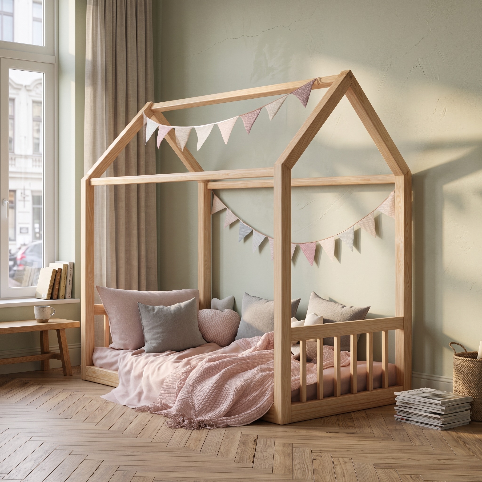 Mid-Century Montessori Floor Bed, Solid Wood Toddler Bed Frame, Low Profile House Bed for Kids Nursery Room