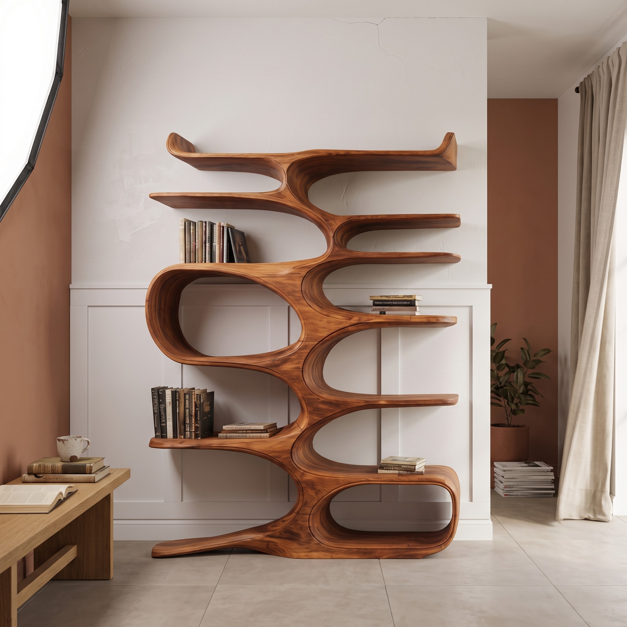 Mid-Century Natural Wood Bookshelf, Handcrafted Solid Wood Geometric Bookcase & Display Rack for Office & Living Room