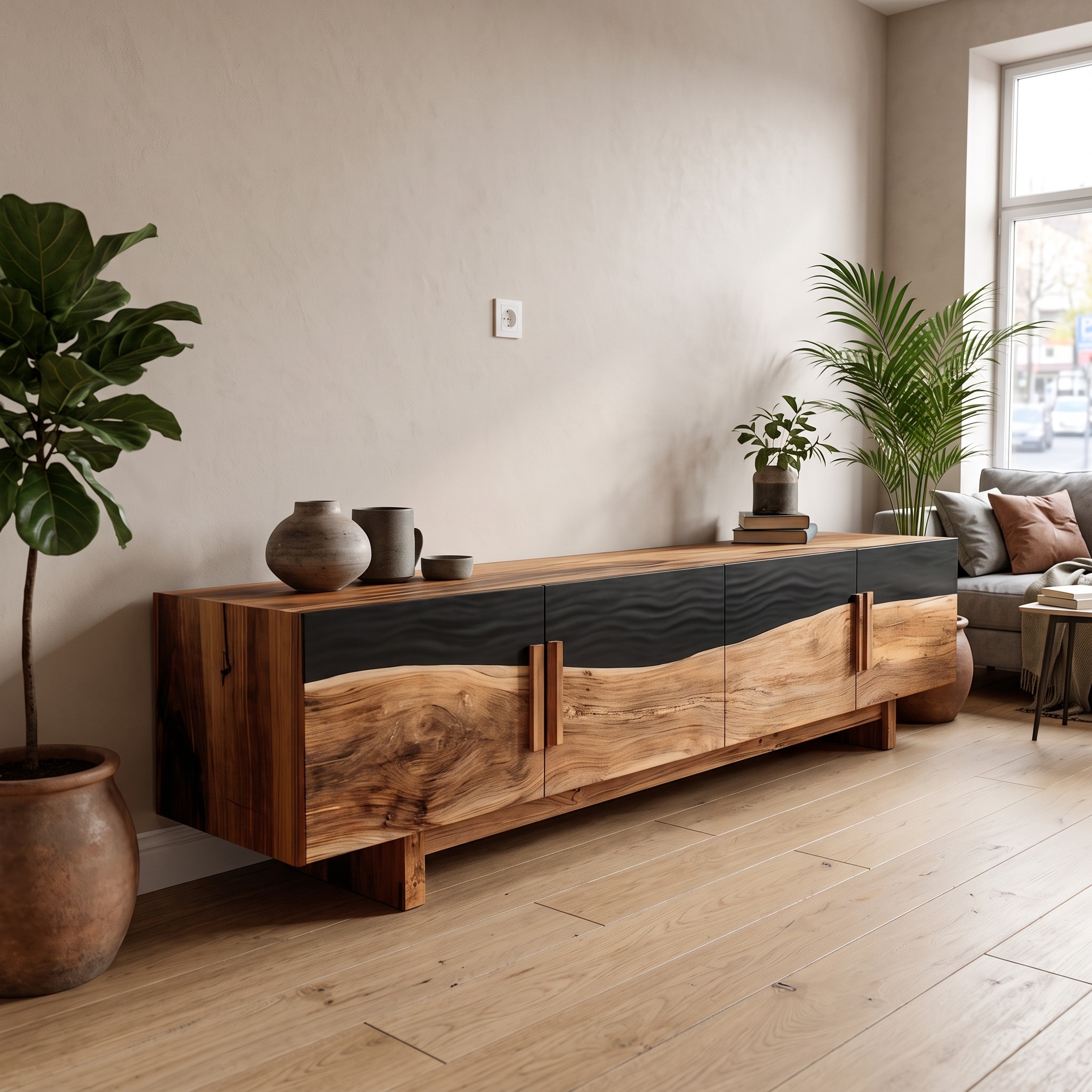 Mid Century Natural Wood Entertainment Unit, Handcrafted TV Stand Media Console for Foyer & Living Room Decor