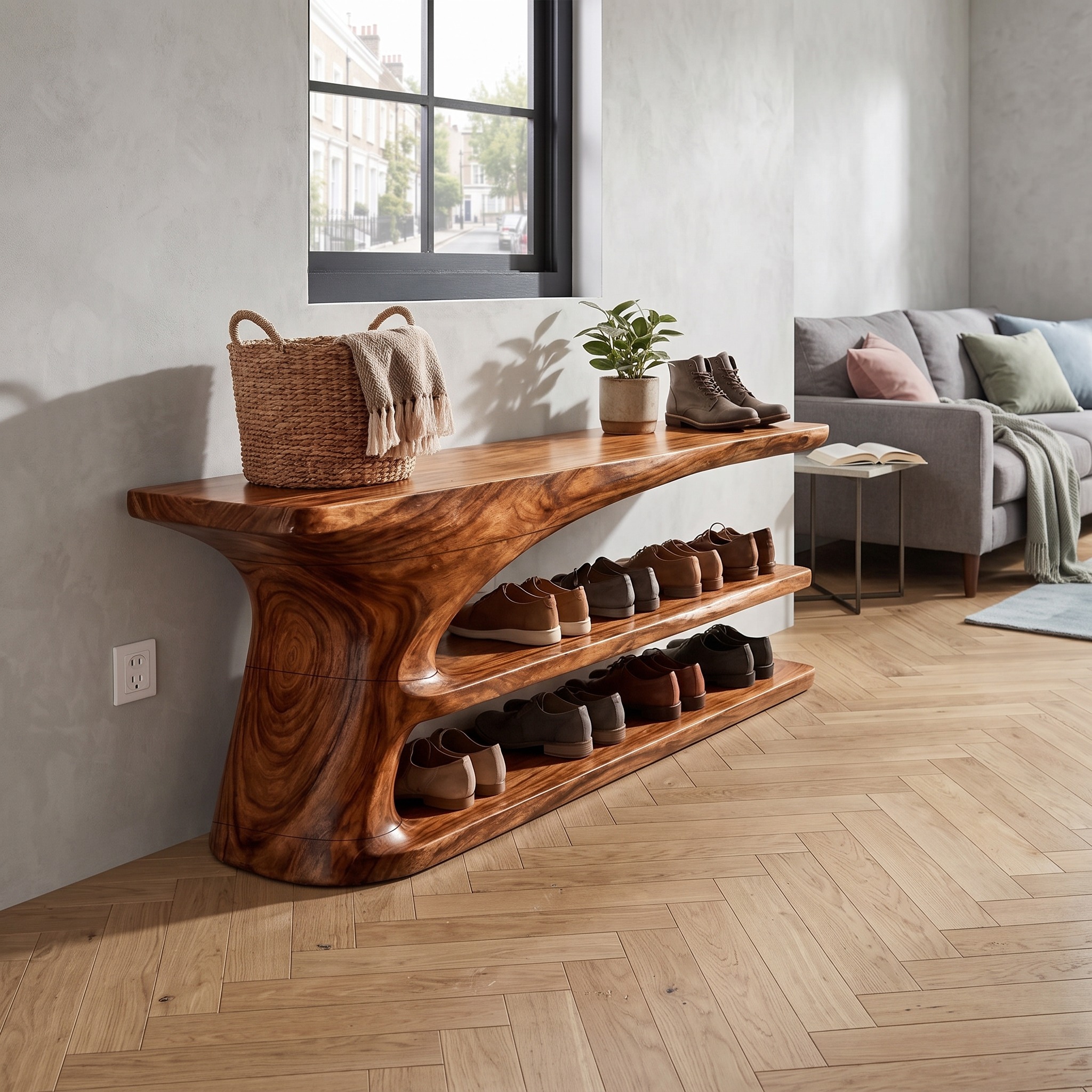 Mid Century Natural Wood Shoe Storage Bench Hallway