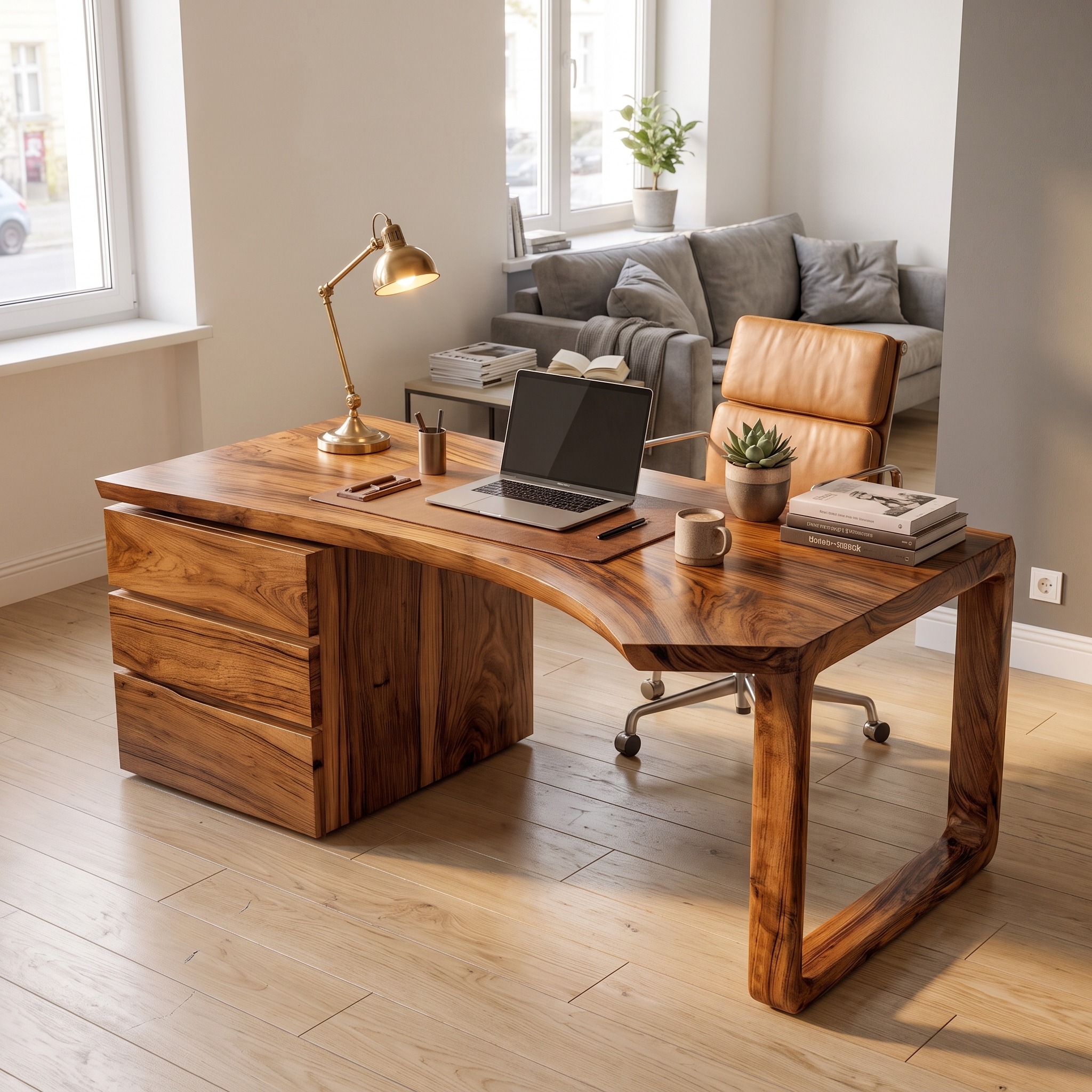 Mid Century Office Desk, Solid Wood Executive Computer Desk for Home Office & Workspace