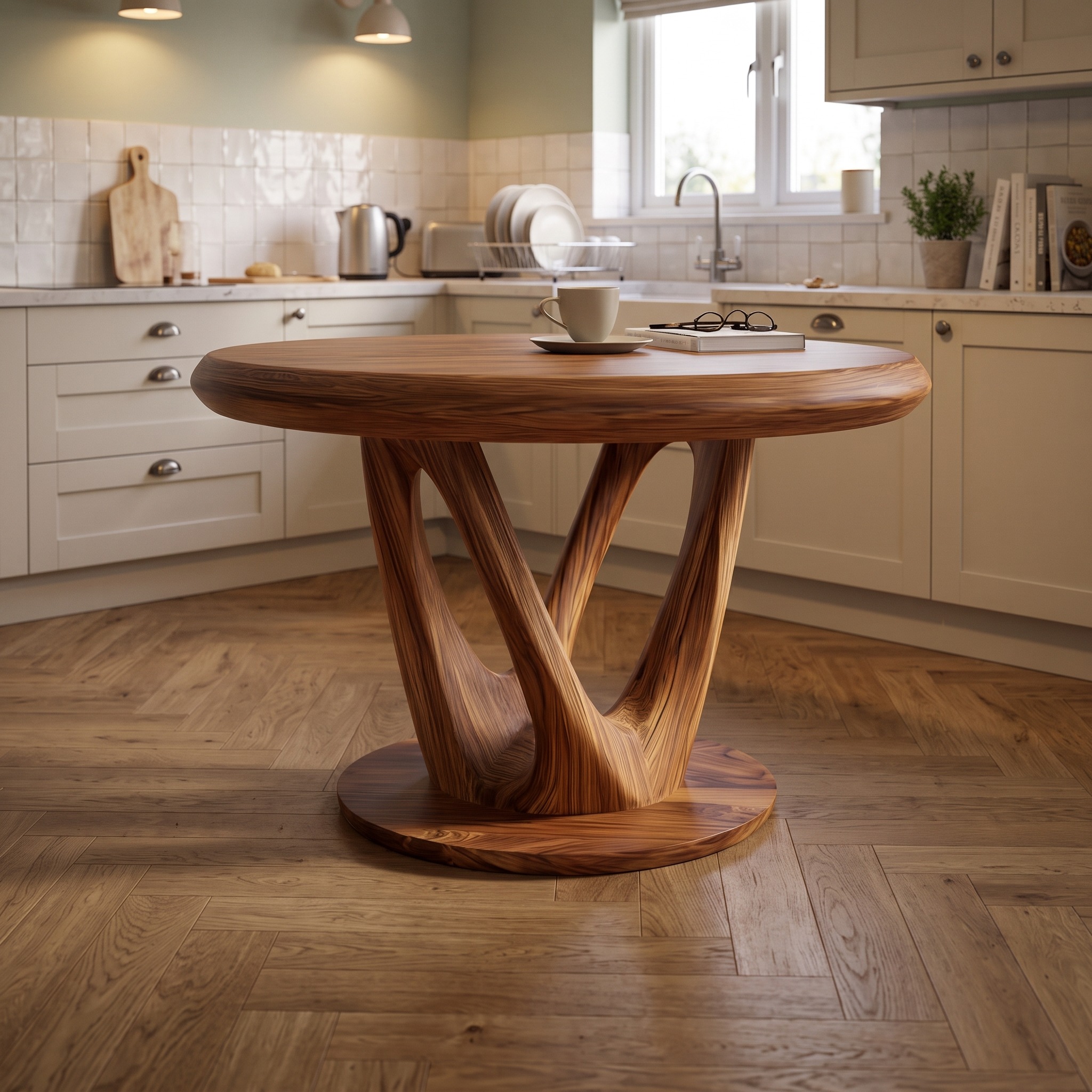 Mid Century Organic Round Table, Solid Wood Sculptural Coffee Table Centerpiece for Living Room, Den, Dining Room